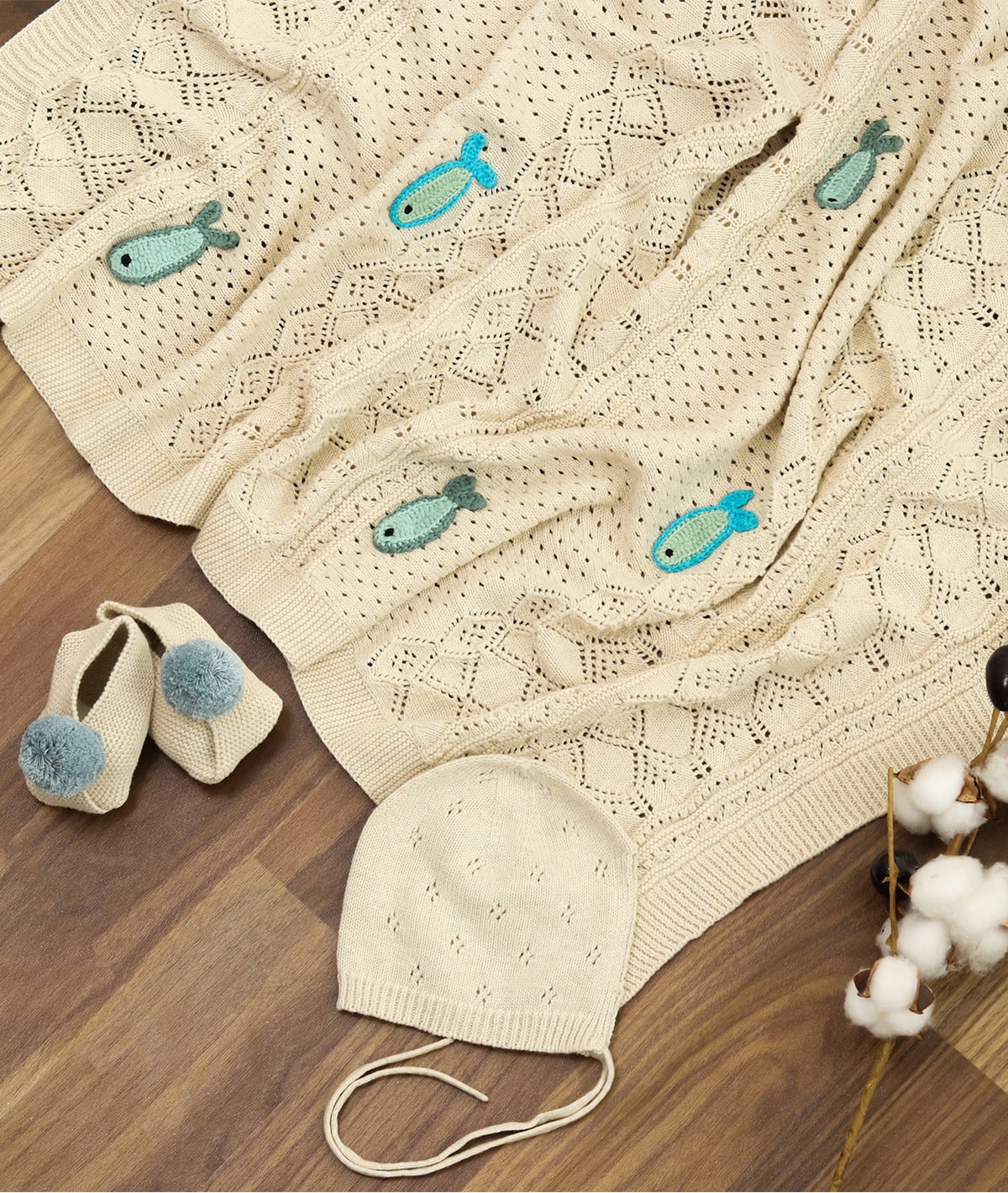 Keepsake Baby Gift Set- Crochet Knit Blanket with Hand Crochet