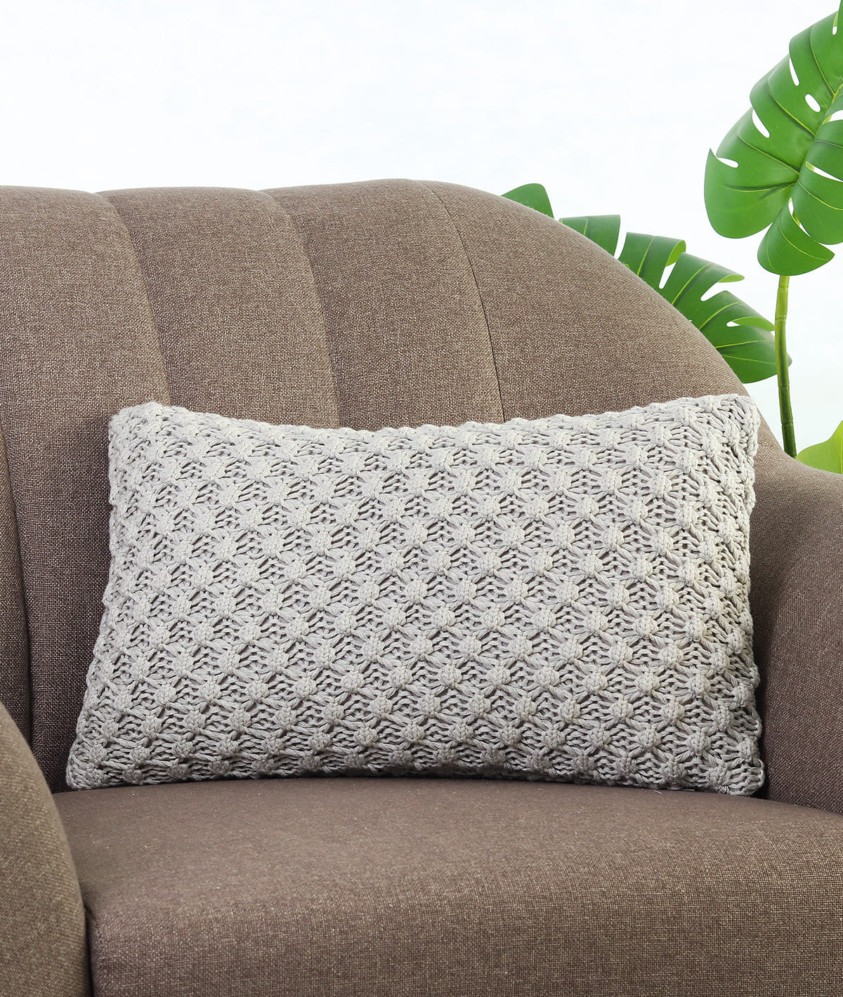 Popcorn Knit Vanilla Grey Melange Cotton Knitted Decorative 12 X 20 Inches Cushion Cover