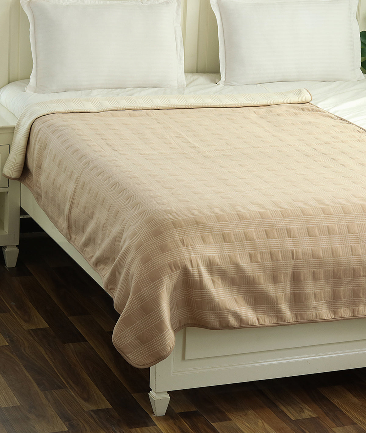Tartan Check Cotton Knitted Single Bed Dohar / Quilt (Linen & Natural)