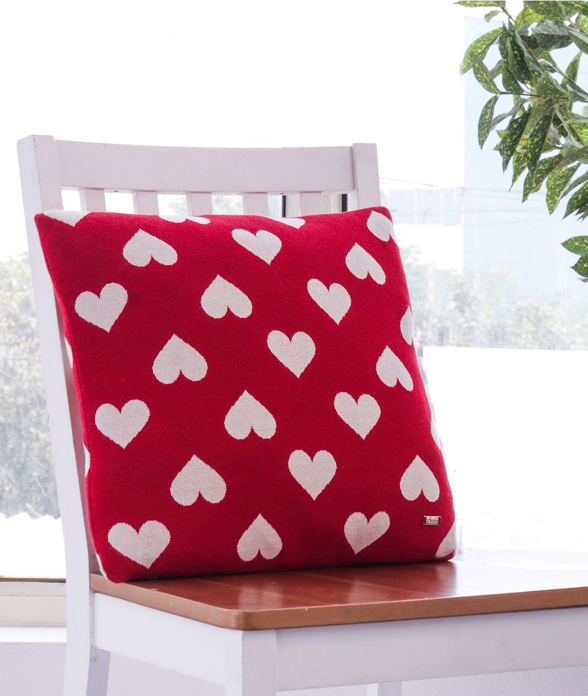 All Over Hearts Cotton Knitted Decorative Red Natural Color 16 x 16 Inches Cushion Cover