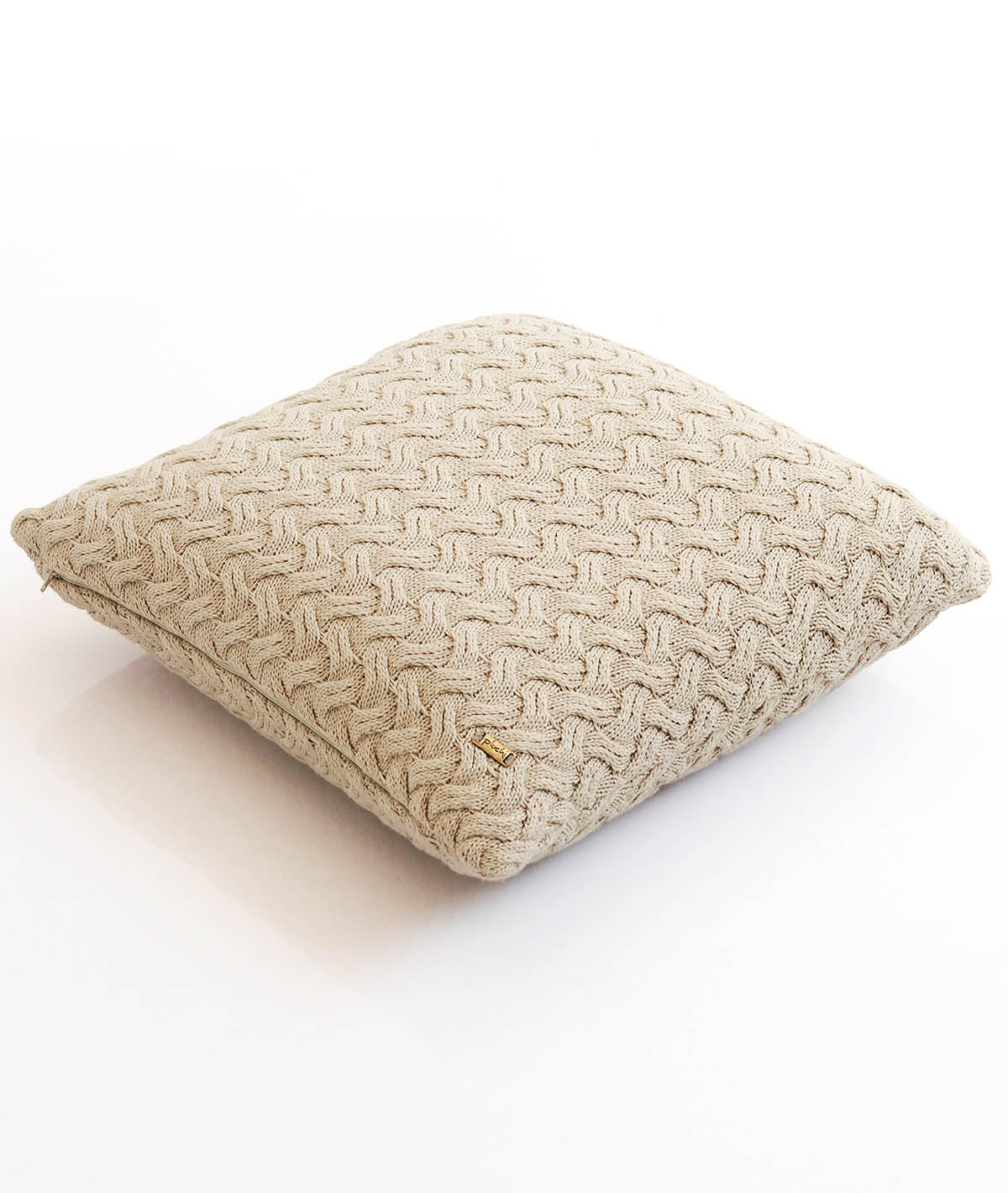 Criss Cross- Light Beige Cotton Knitted Decorative Cushion Cover (18" x 18")