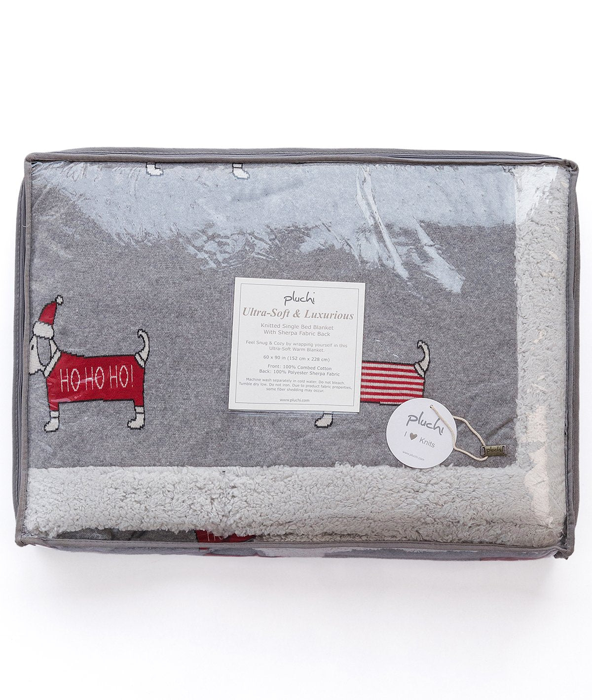 Santa Dog - Light Grey Cotton Knitted Kids Single Bed Blanket with Warm Sherpa Fabric
