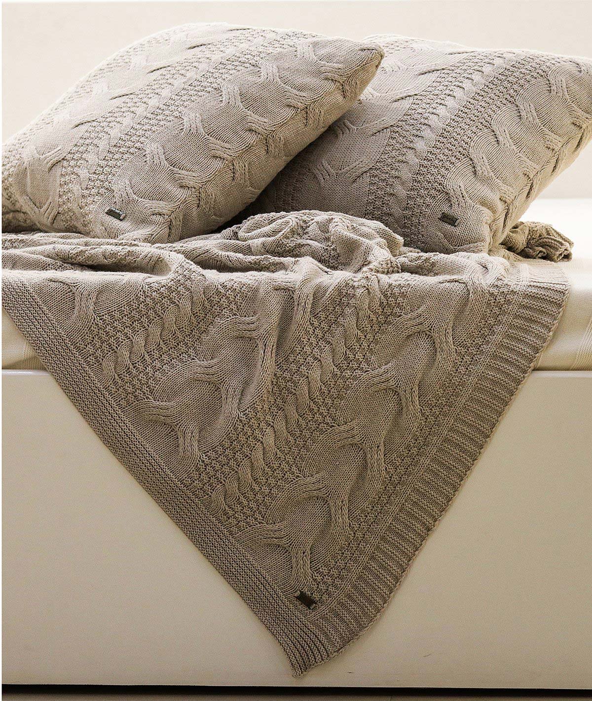 Classical Stone Knitted Throw & Cushion Cover (2 pcs) Gift Combo in Stone Color