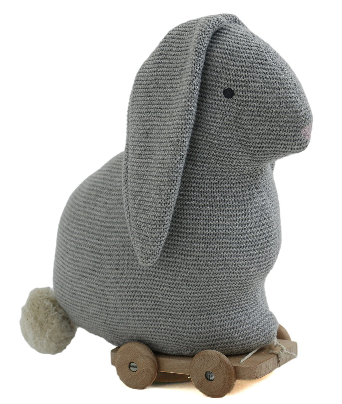 Push & Pull Bunny - Grey 100% Cotton Knitted Stuffed Soft Toy for Babies / Kids with Wooden Cart
