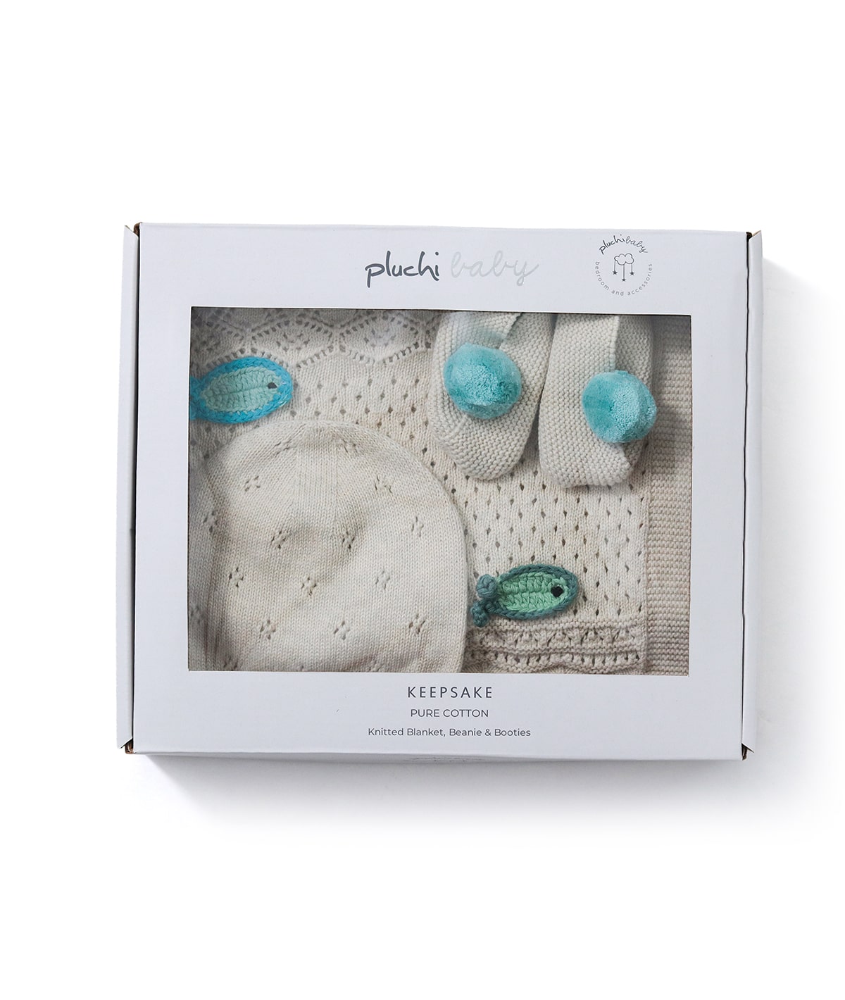 Keepsake Baby Gift Set- Crochet Knit Blanket with Hand Crochet Fish with Booties & Cap in Box Packing