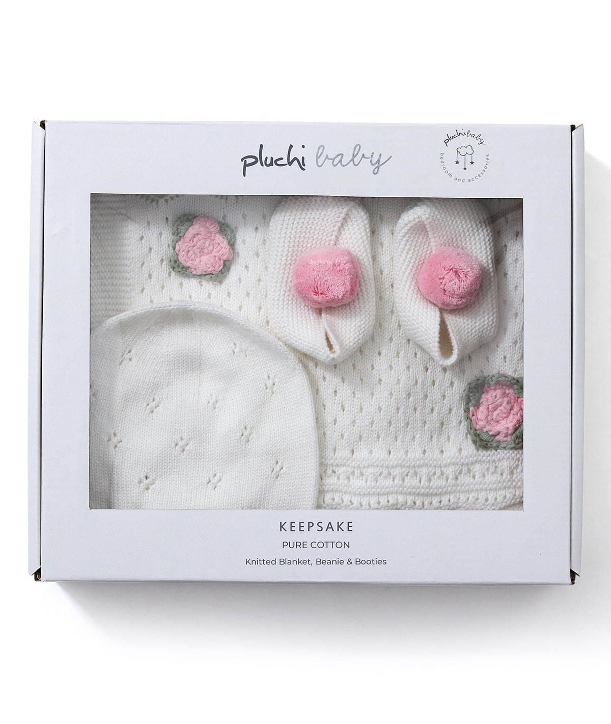 Keepsake Baby Gift Set- Crochet Knit Blanket with Hand Crochet Flowers with Booties & Cap in Box Packing