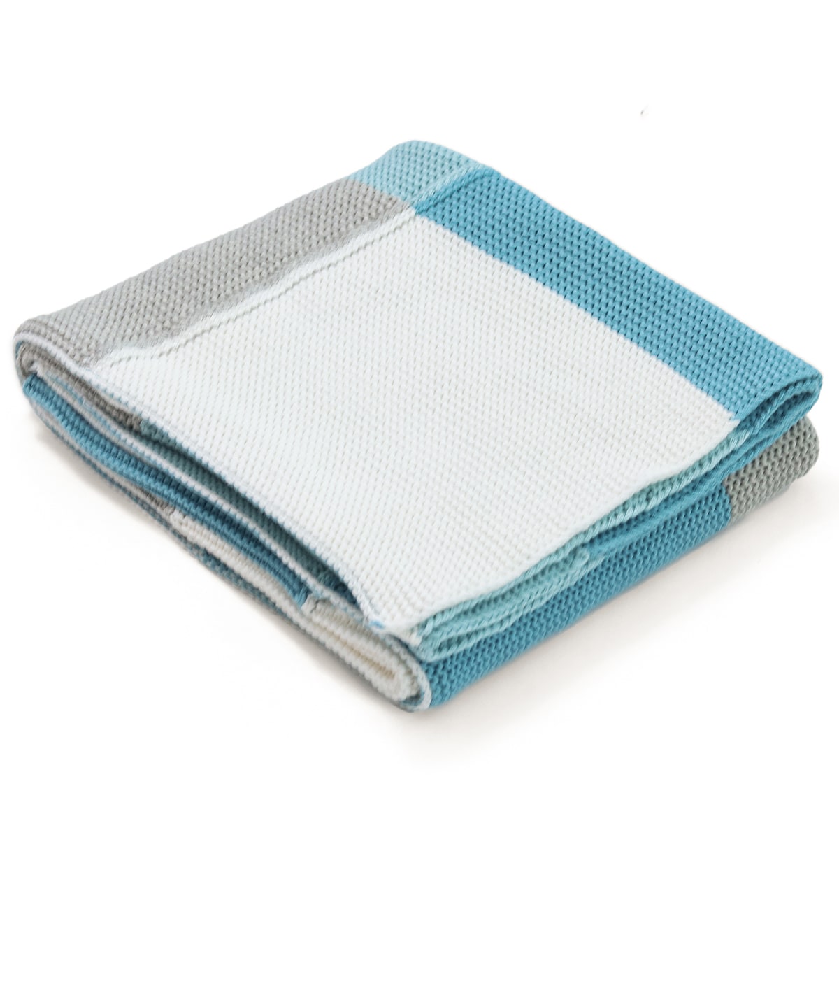 Transfer Knit Color Blocks with Stripes- Baby Blue Color Cotton Knitted Ac Blanket For Baby / Infant / New Born For Use In All Seasons