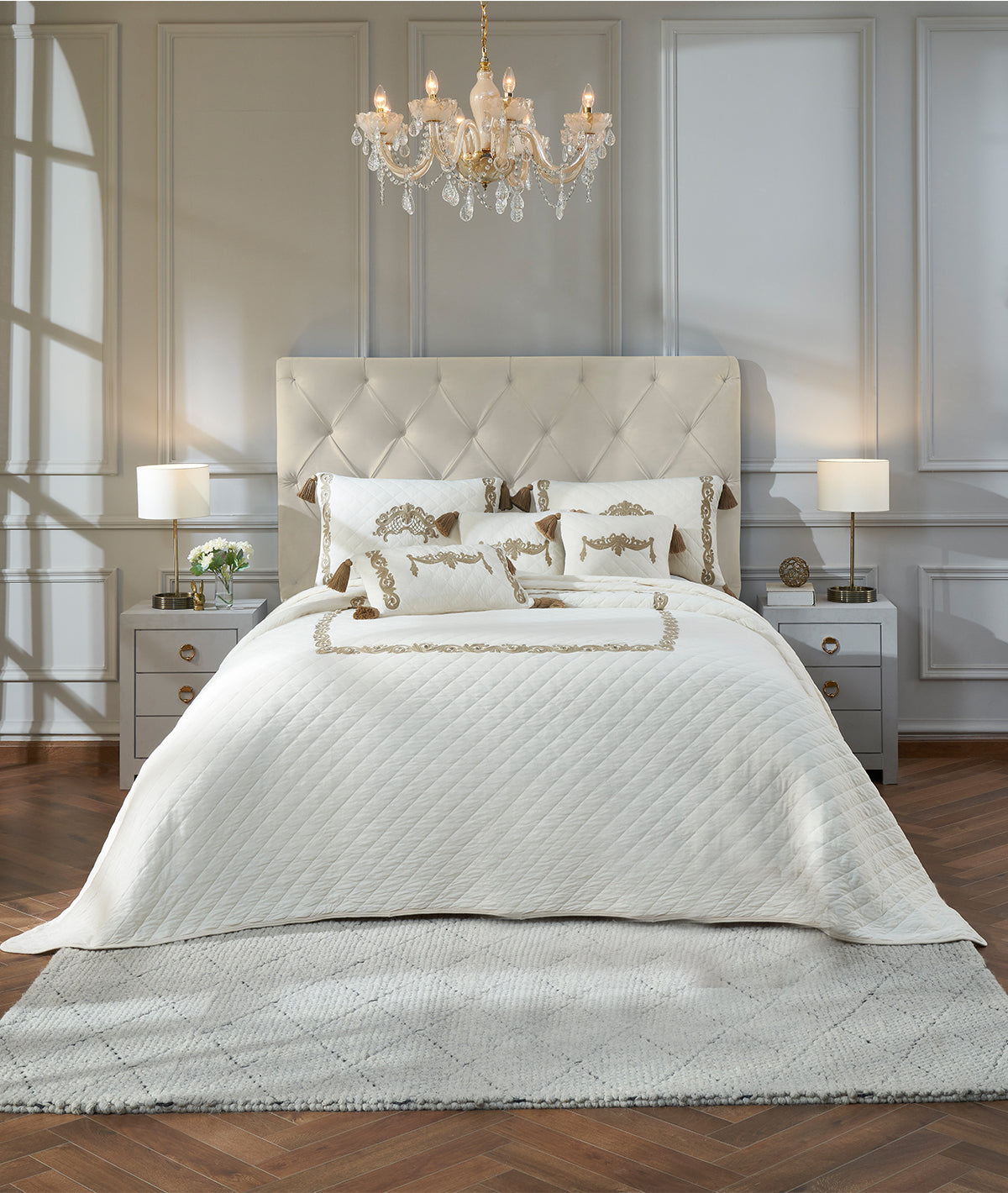 Maya Natural & Khaki Embroiderd Bed Cover 100% Cotton Knitted With Polyester Filled King Size Bed Cover With 2 Pillow Covers And 3 Cushion Covers (Set Of 6)