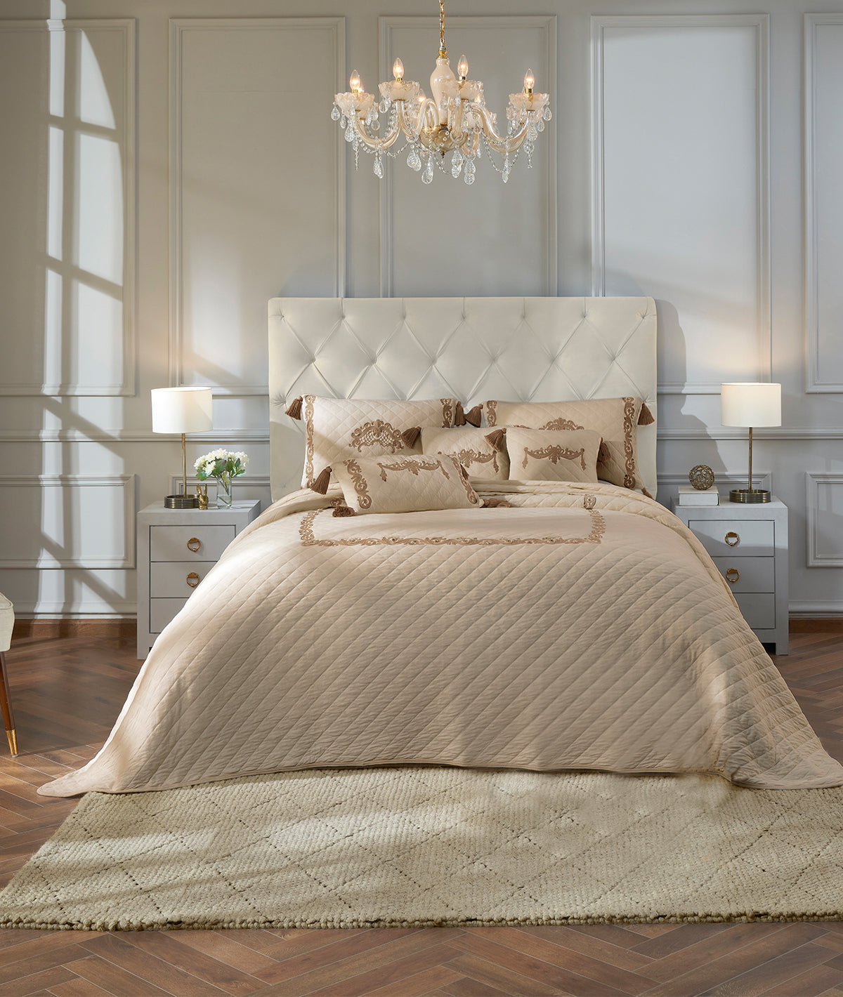 Maya Linen & Cuban Sand Embroiderd Bed Cover 100% Cotton Knitted With Polyester Filled King Size Bed Cover With 2 Pillow Covers And 3 Cushion Covers (Set Of 6)