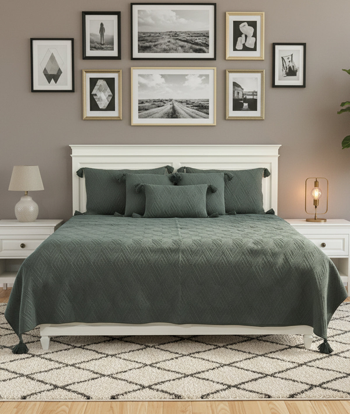 Aysel - Honey Dew Color 100% Cotton Knitted King Size Bed Cover with 2 Pillow Cover & 3 Cushion Cover Set (Set of 6 pcs)