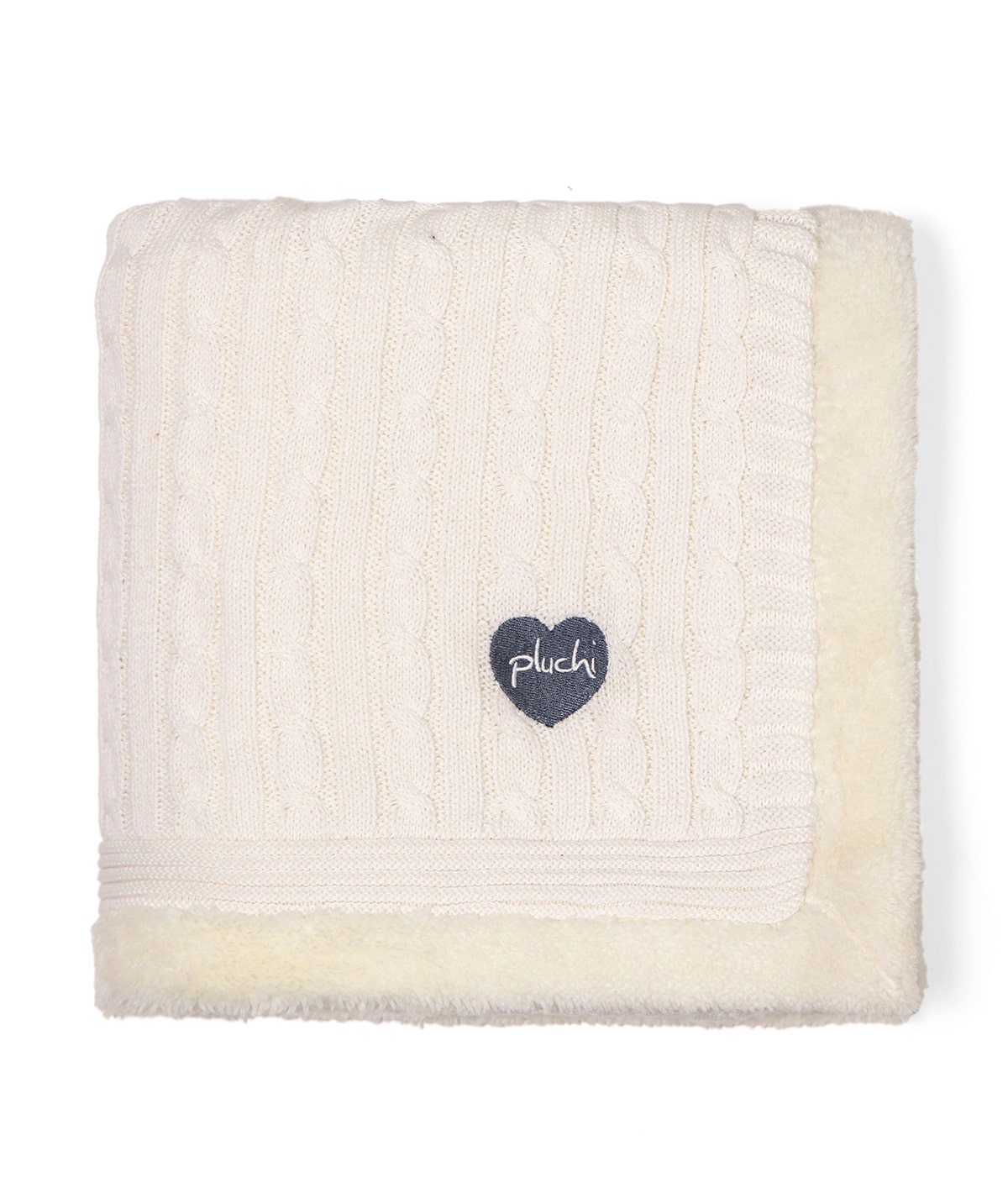 Cable Knit with Embroidered Heart- Ivory Cotton Knitted Blanket With Faux Fur Back For Babies