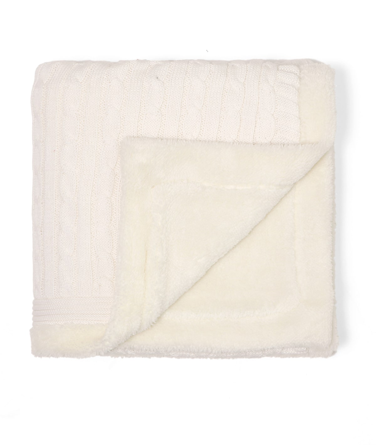 Cable Knit with Embroidered Heart- Ivory Cotton Knitted Blanket With Faux Fur Back For Babies
