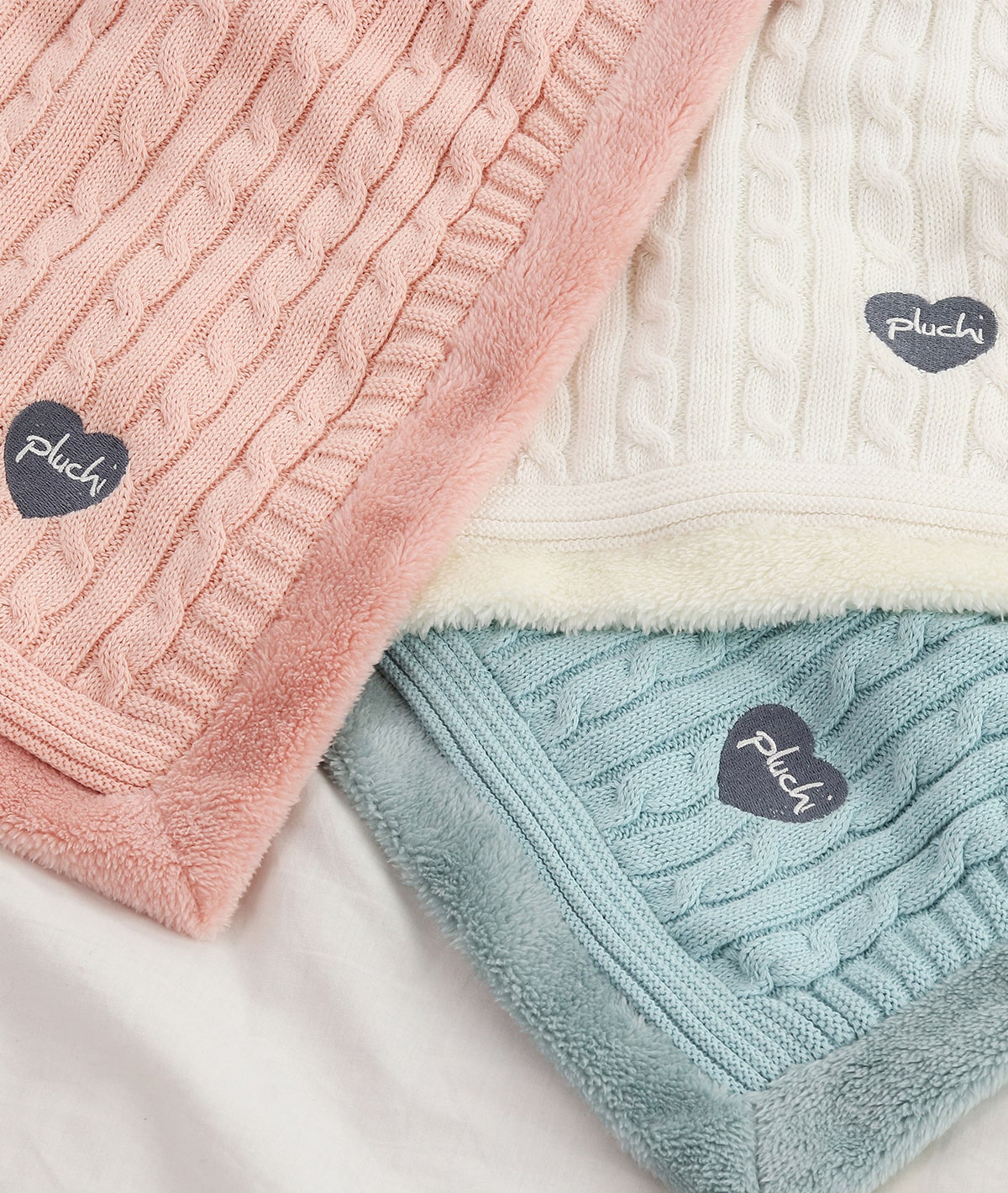 Cable Knit with Embroidered Heart- Baby Pink Cotton Knitted Blanket With Faux Fur Back For Babies