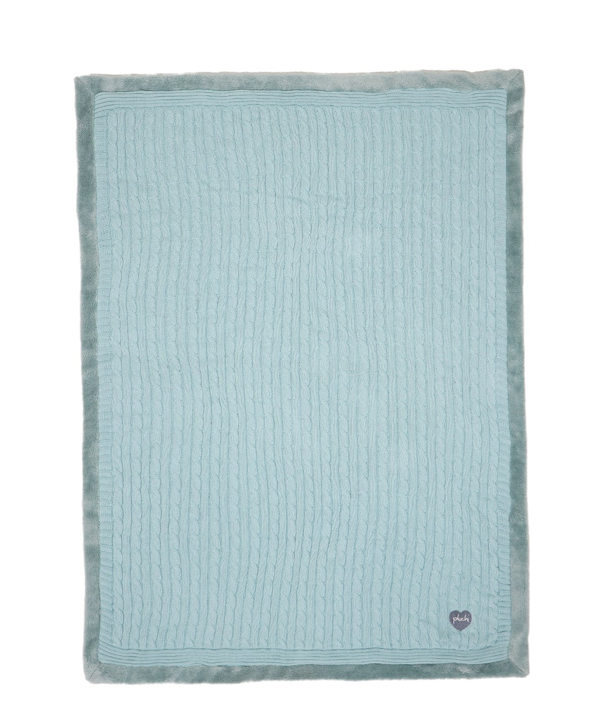 Cable Knit with Embroidered Heart- Baby Blue Cotton Knitted Blanket With Faux Fur Back For Babies