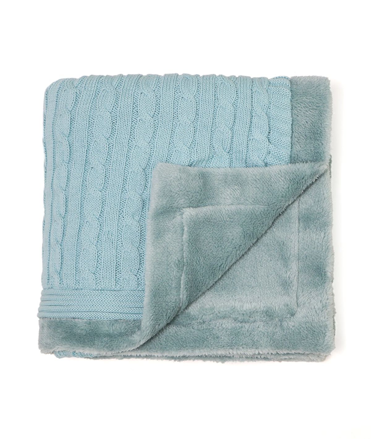 Cable Knit with Embroidered Heart- Baby Blue Cotton Knitted Blanket With Faux Fur Back For Babies