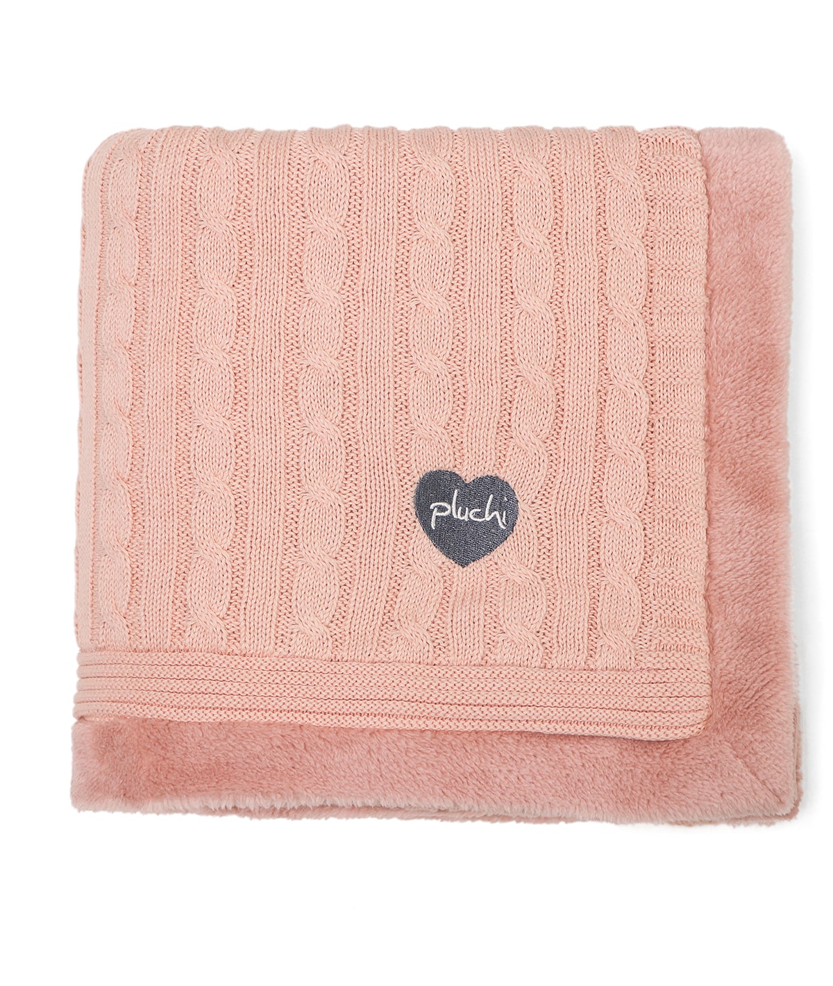 Cable Knit with Embroidered Heart- Baby Pink Cotton Knitted Blanket With Faux Fur Back For Babies