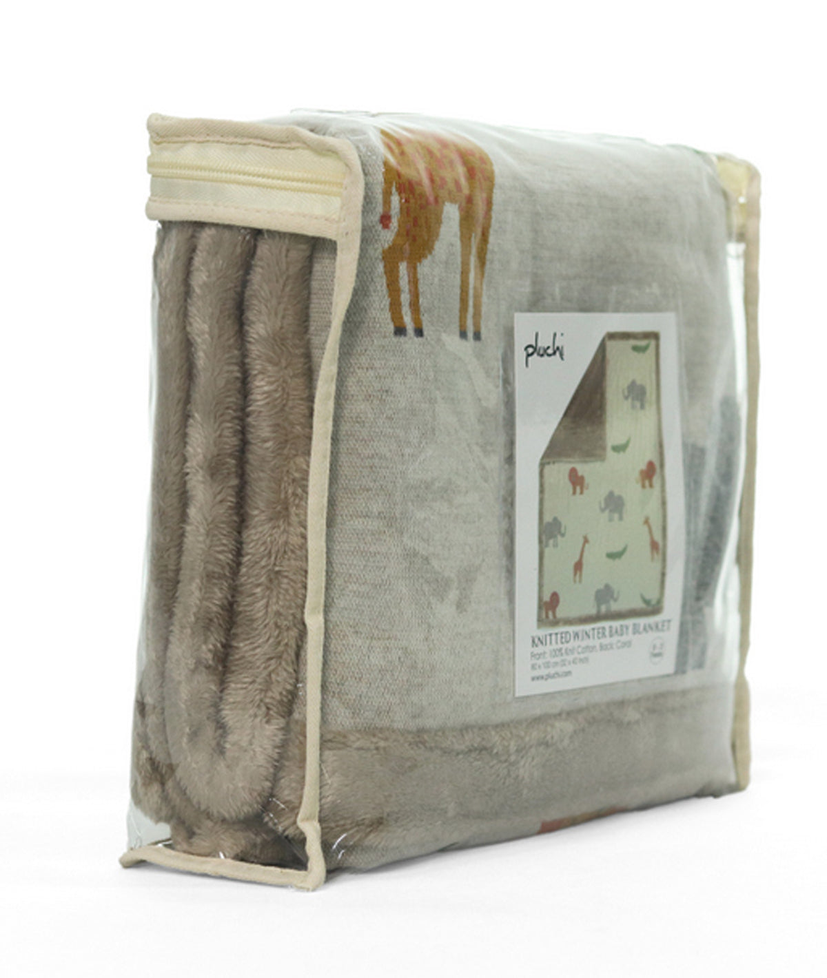 Wild Safari Natural & Multi Color Knitted Blanket with Faux Fur Back for Babies