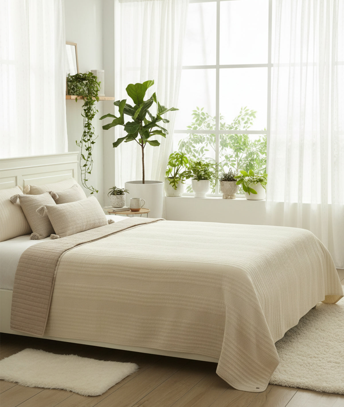 Bella Natural Dyed & Pale Whisper 100% Cotton Knitted With Polyester Filled King Size Bed Cover With 2 Pillow Covers And 3 Cushion Covers (Set Of 6 Pcs)