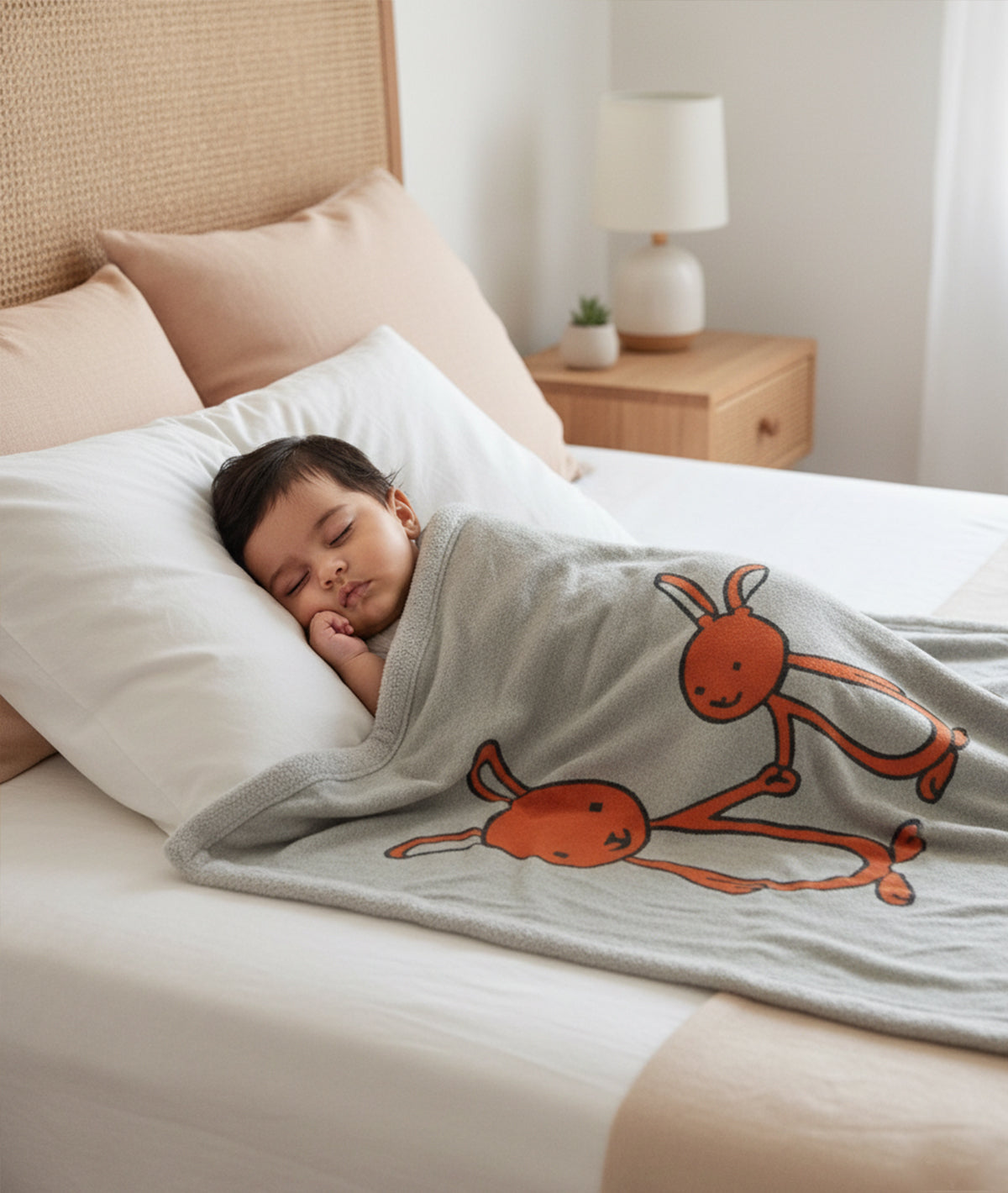 Mumma & Baby Bunny Vanilla Grey Melange Knitted Blanket with Faux Fur Back for Babies