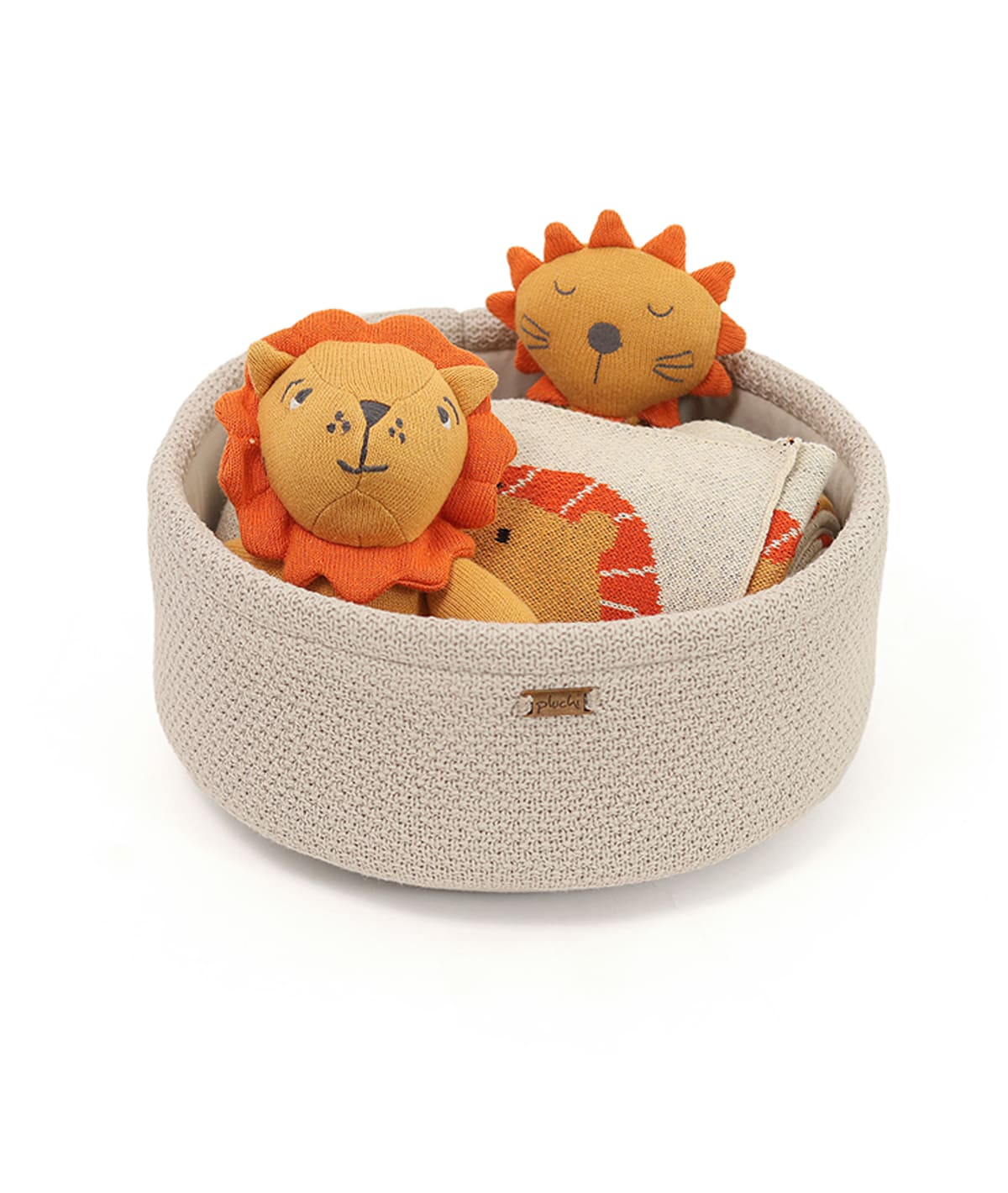 Leo Gift Basket (Set of 4 pcs - Storage Basket, Knitted Baby Blanket, Soft Toy, and Rattle)