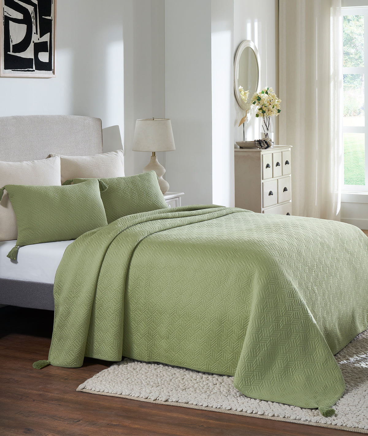 3D Cubic Scenic Green 100% Cotton Knitted With Polyester Filled King Size Bed Cover With 2 Pillow Covers(Set of 3 Pcs)