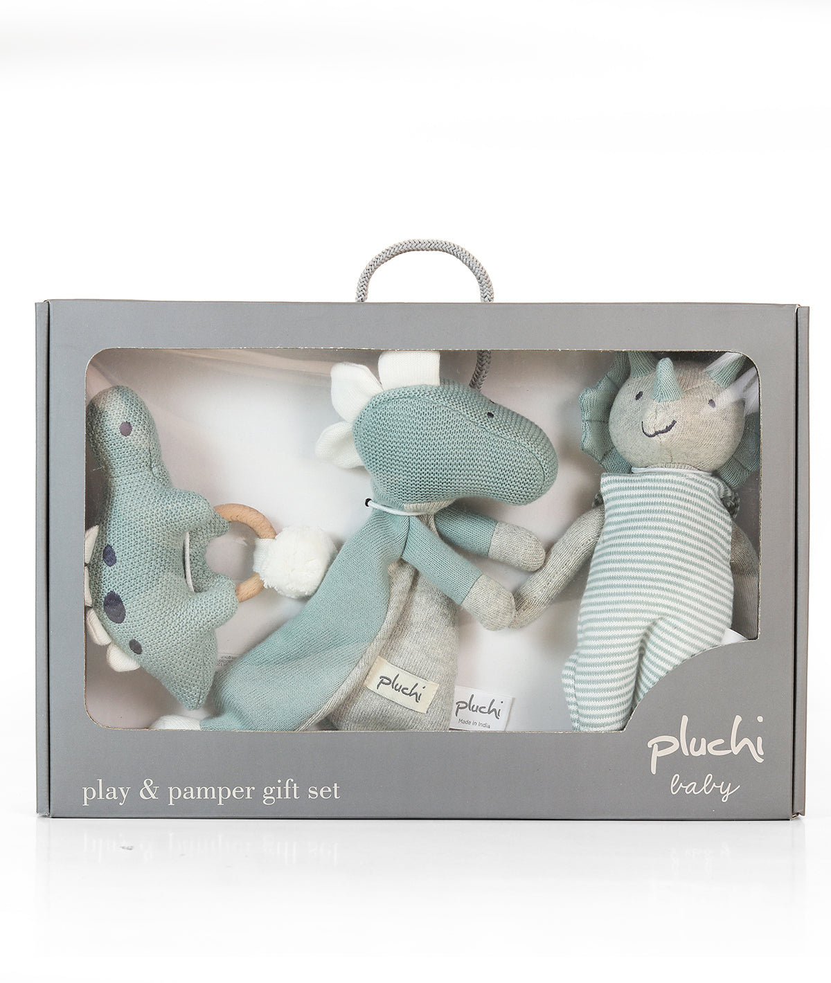 Dino Play & Pamper Gift Bundle - (Set of 3 - Soft Toy, Cuddle Cloth & Ring Rattle)