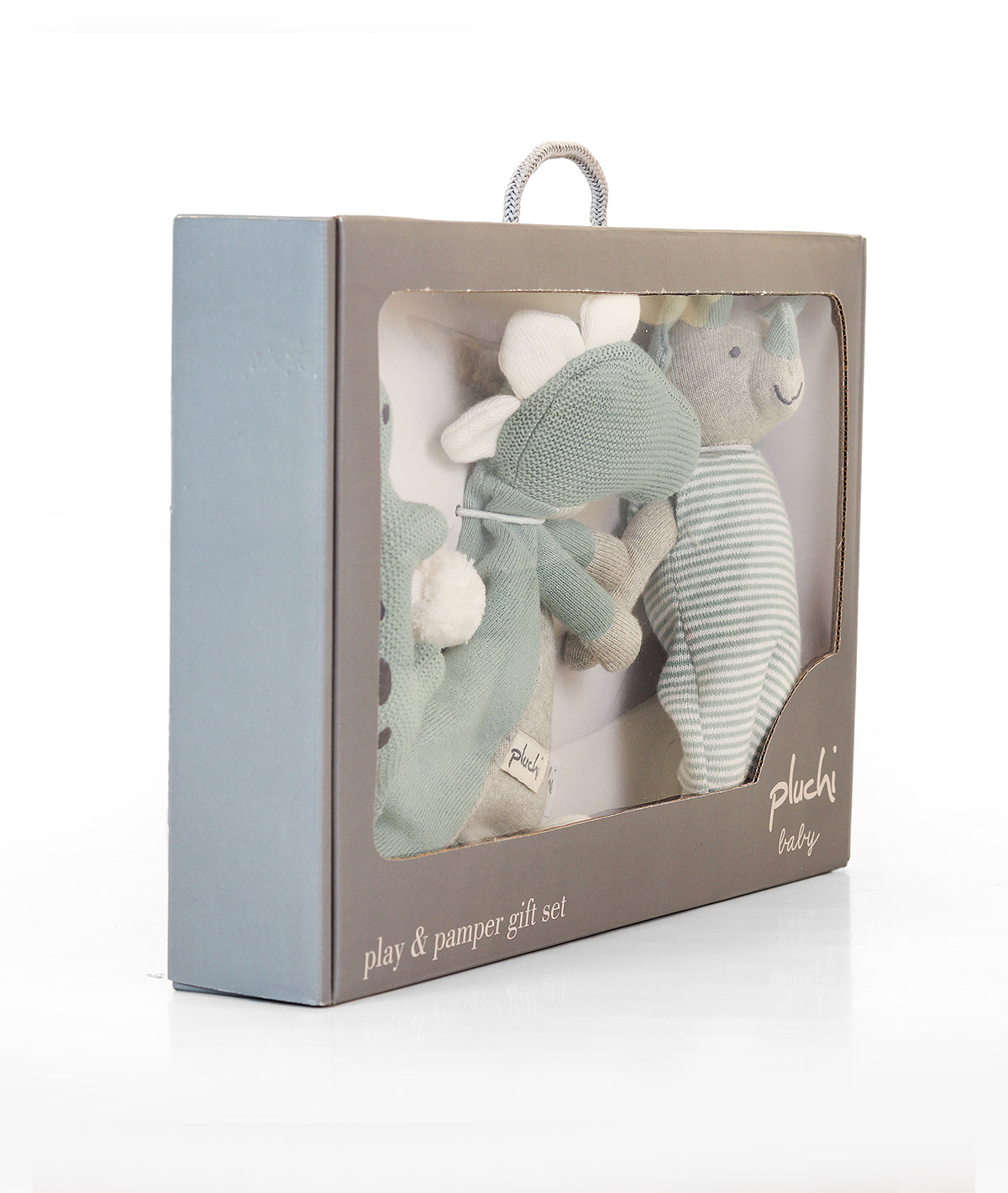 Dino Play & Pamper Gift Bundle - (Set of 3 - Soft Toy, Cuddle Cloth & Ring Rattle)