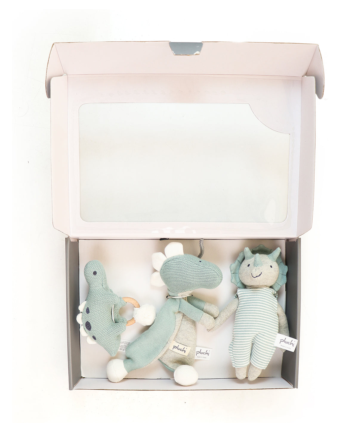 Dino Play & Pamper Gift Bundle - (Set of 3 - Soft Toy, Cuddle Cloth & Ring Rattle)