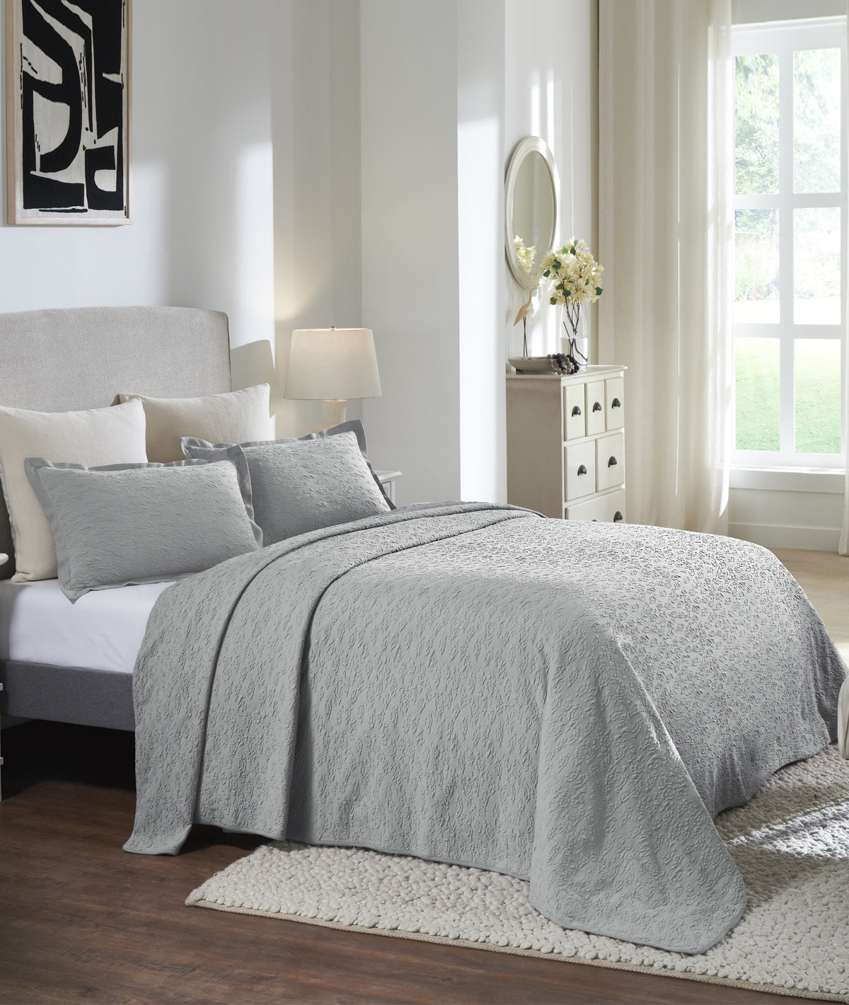 Eden Light Grey 95% Cotton 5% Spandex Knitted King Size Bed Cover With 2 Pillow Covers (Set of 3 Pcs)