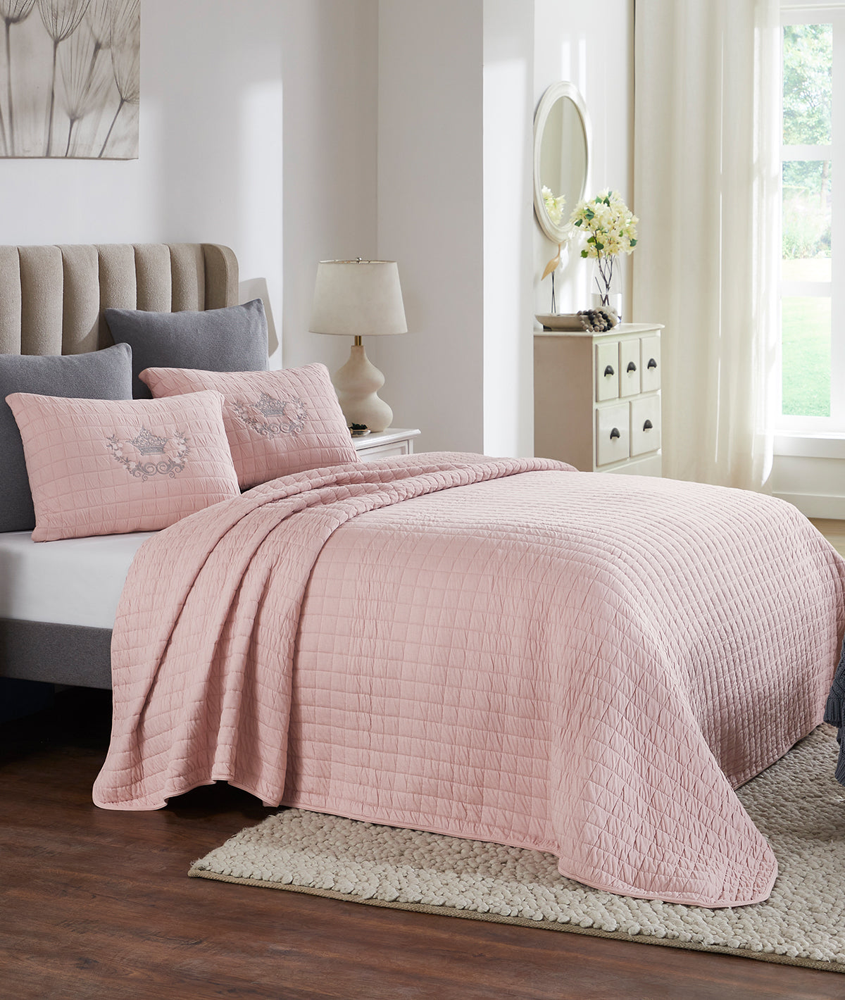 Mathilde Cameo Pink 100% Cotton Knitted With Polyester Filled King Size Bed Cover With 2 Pillow Covers (Set of 3 Pcs)