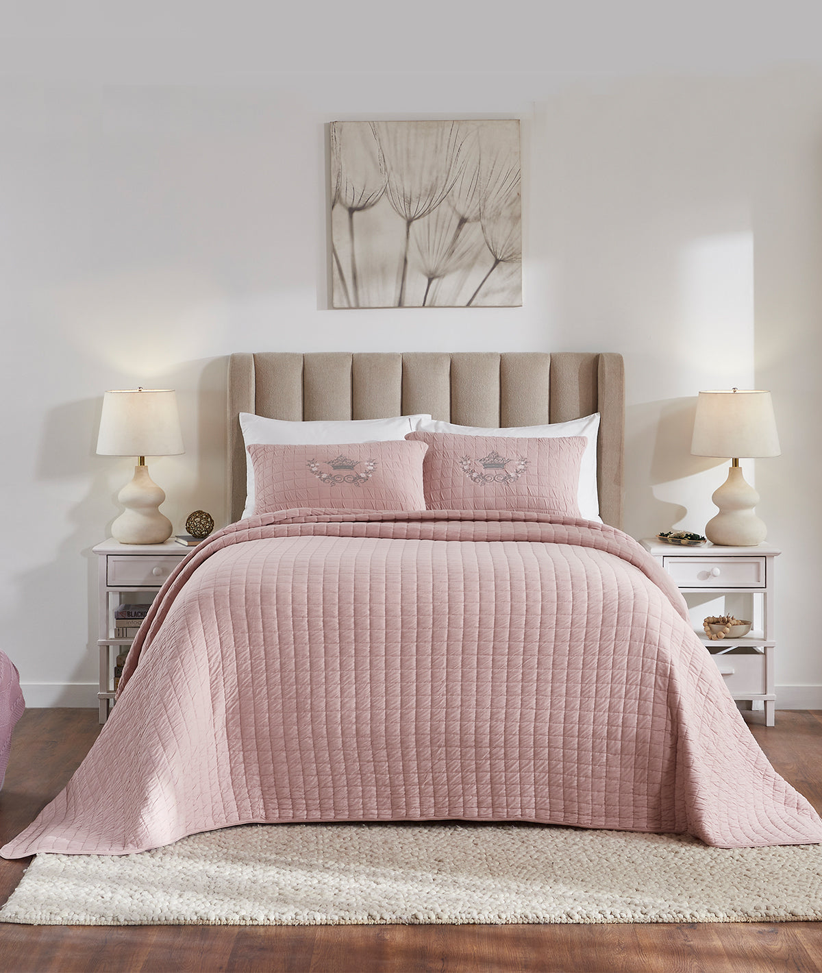 Mathilde Cameo Pink 100% Cotton Knitted With Polyester Filled King Size Bed Cover With 2 Pillow Covers (Set of 3 Pcs)