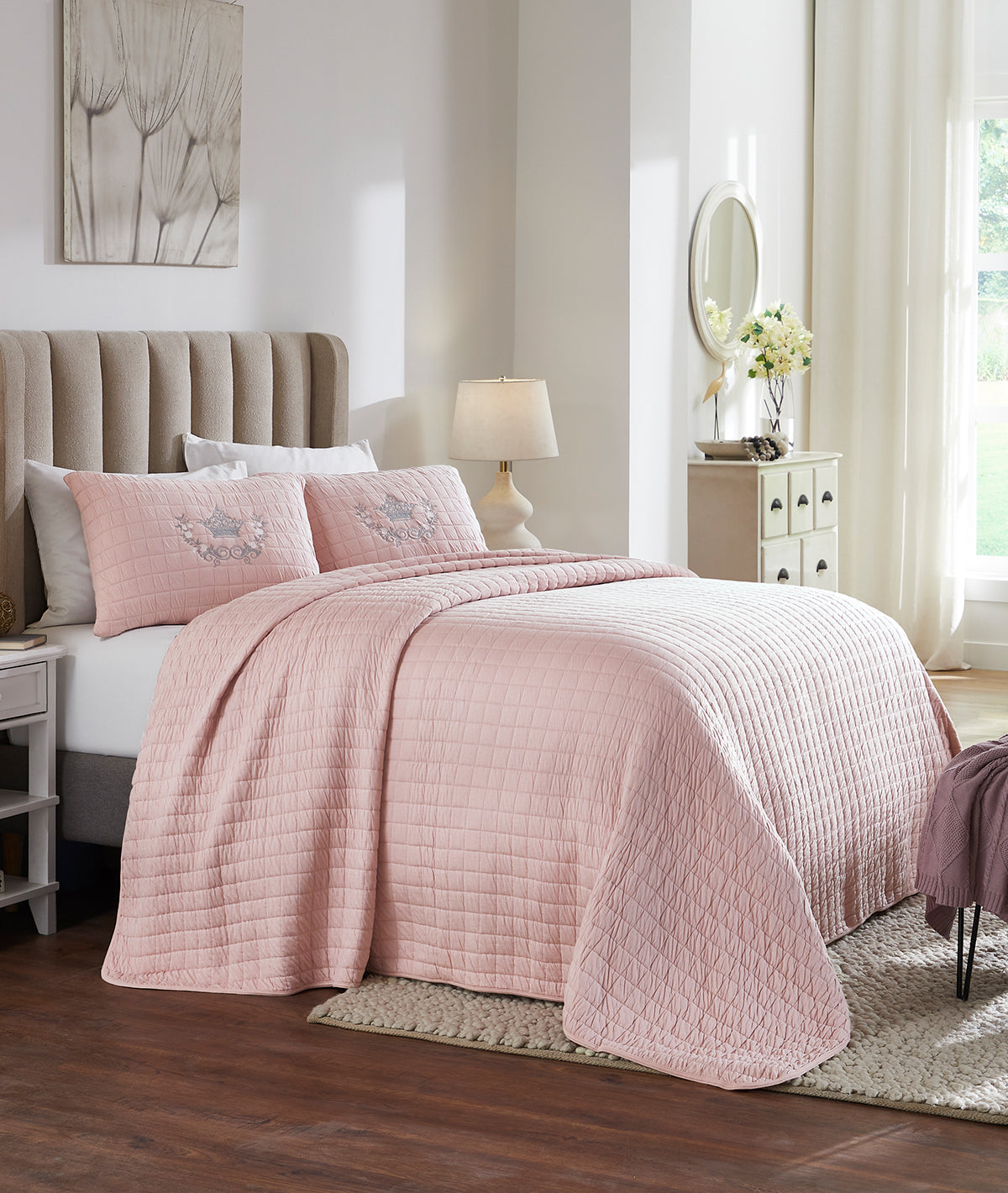 Mathilde Cameo Pink 100% Cotton Knitted With Polyester Filled King Size Bed Cover With 2 Pillow Covers (Set of 3 Pcs)