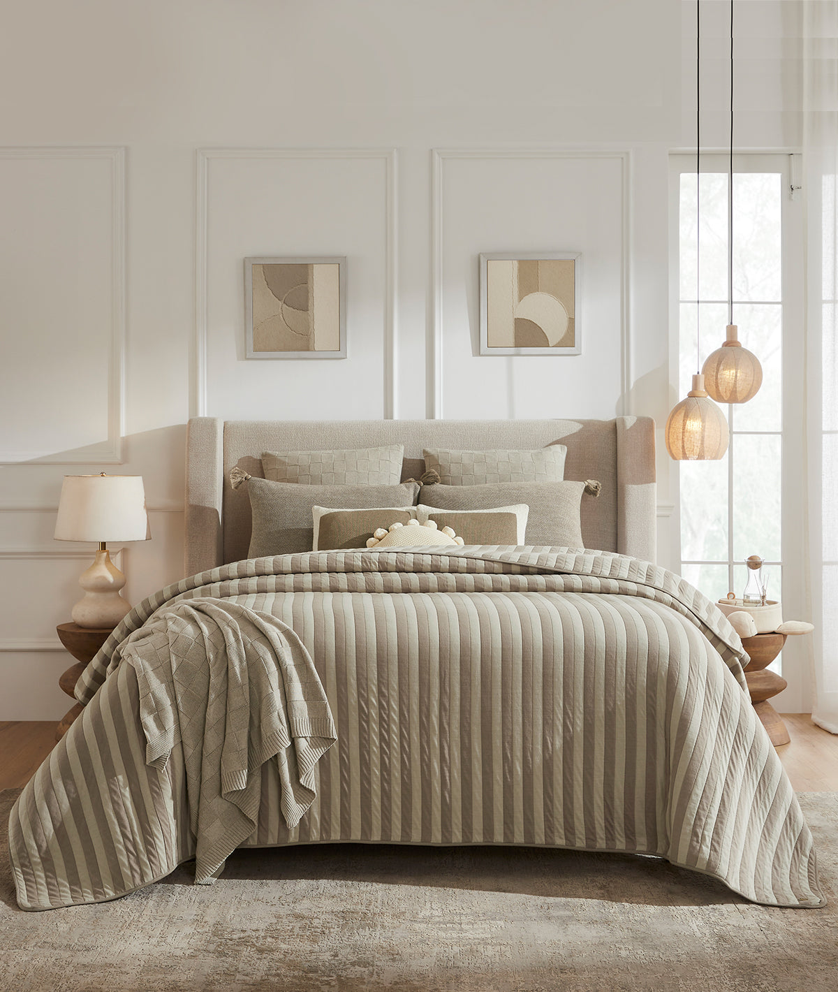 Highs & Lows Stone & Pale Whisper 100% Cotton Knitted With Polyester Filled King Size Bed Cover With 2 Pillow Covers (Set of 3Pcs)