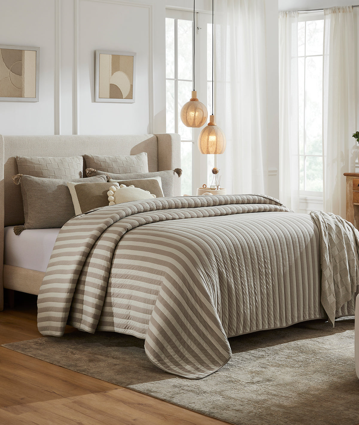 Highs & Lows Stone & Pale Whisper 100% Cotton Knitted With Polyester Filled King Size Bed Cover With 2 Pillow Covers (Set of 3Pcs)