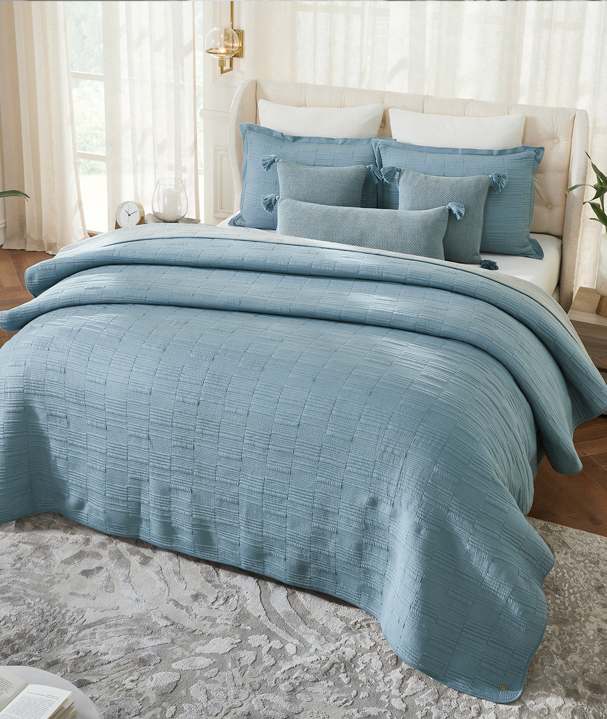 Harriet Cadet Blue & Alice Blue 100% Cotton Knitted With Polyester Filled King Size Bed Cover With 2 Pillow Covers And 3 Cushion Covers (Set Of 6)