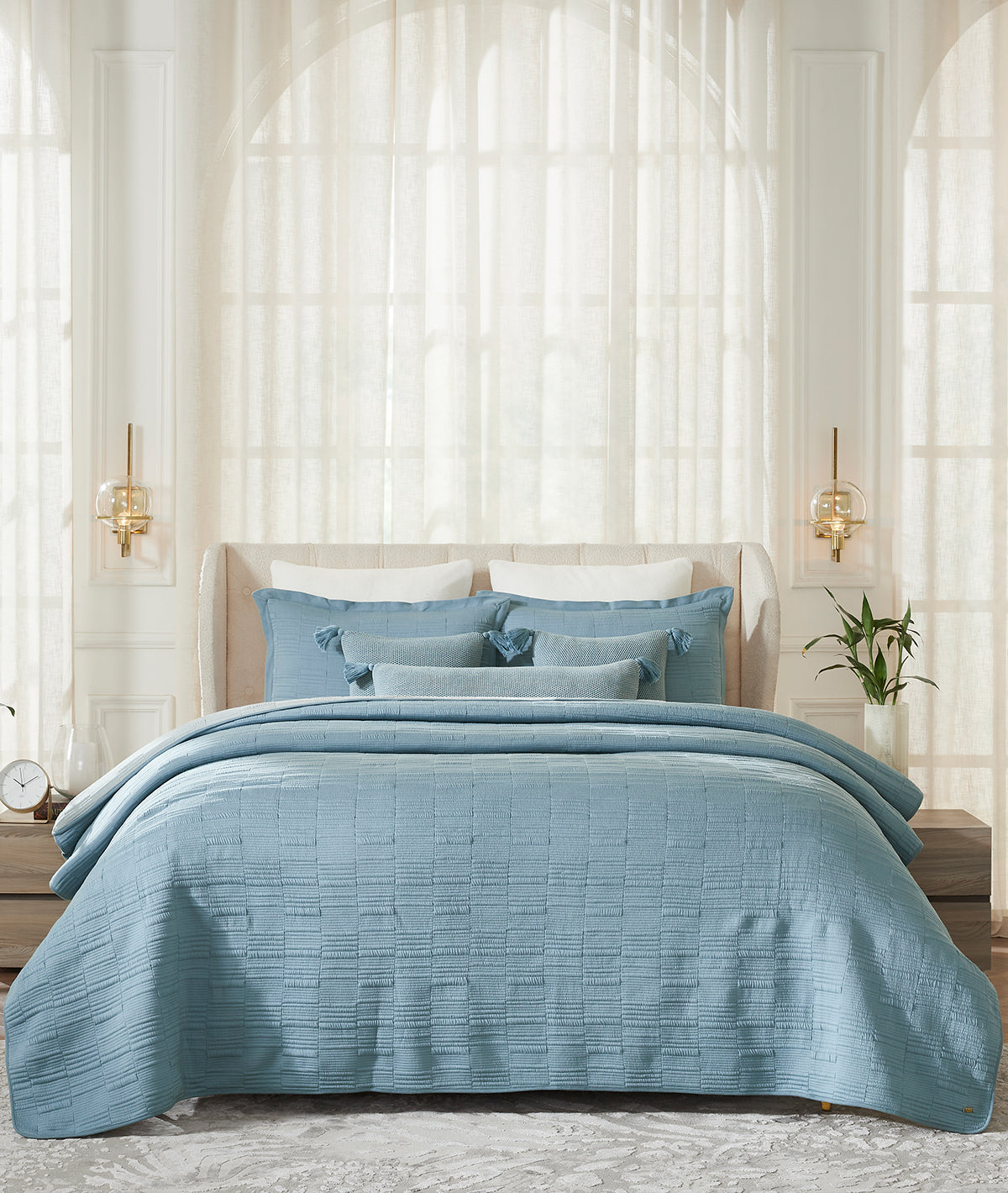 Harriet Cadet Blue & Alice Blue 100% Cotton Knitted With Polyester Filled King Size Bed Cover With 2 Pillow Covers And 3 Cushion Covers (Set Of 6)