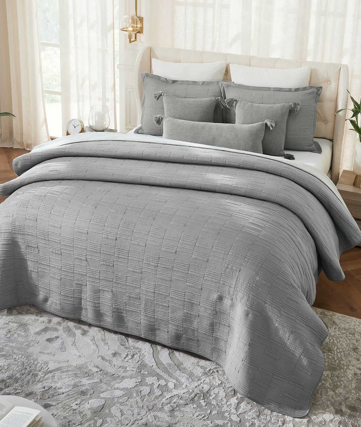 Harriet Light Grey Melange & Vanilla Grey Melange 100% Cotton Knitted With Polyester Filled King Size Bed Cover With 2 Pillow Covers And 3 Cushion Covers (Set Of 6)