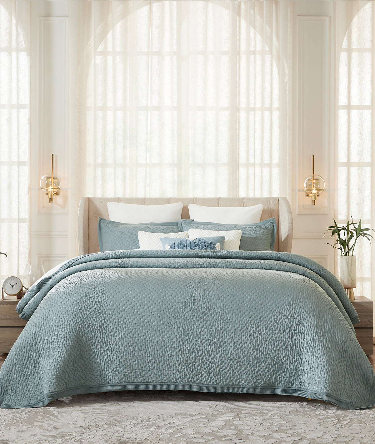 Hazel Blue Grey & Ivory 100% Cotton Knitted With Polyester Filled King Size Bed Cover With 2 Pillow Covers (Set of 3Pcs)