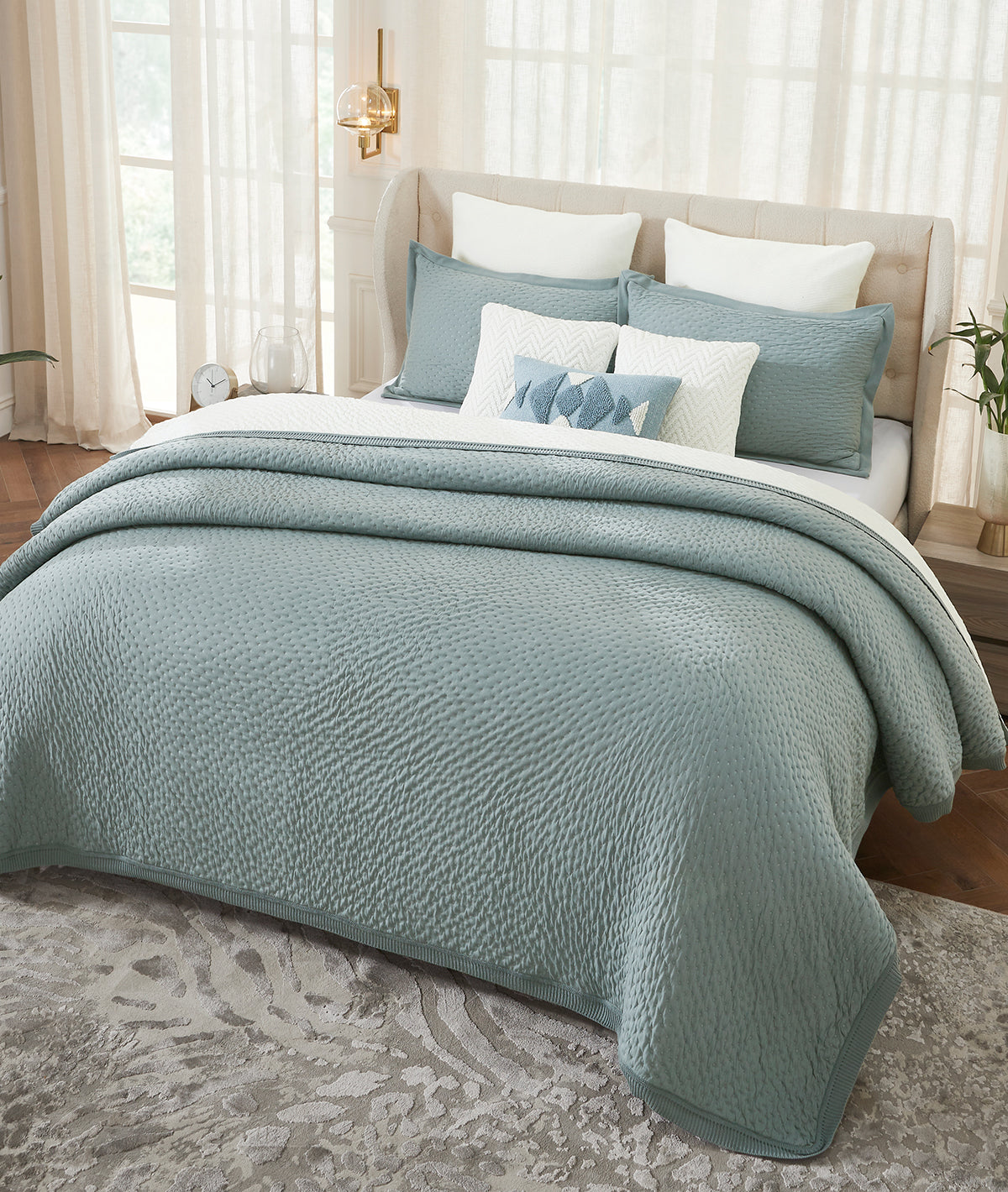 Hazel Blue Grey & Ivory 100% Cotton Knitted With Polyester Filled King Size Bed Cover With 2 Pillow Covers (Set of 3Pcs)