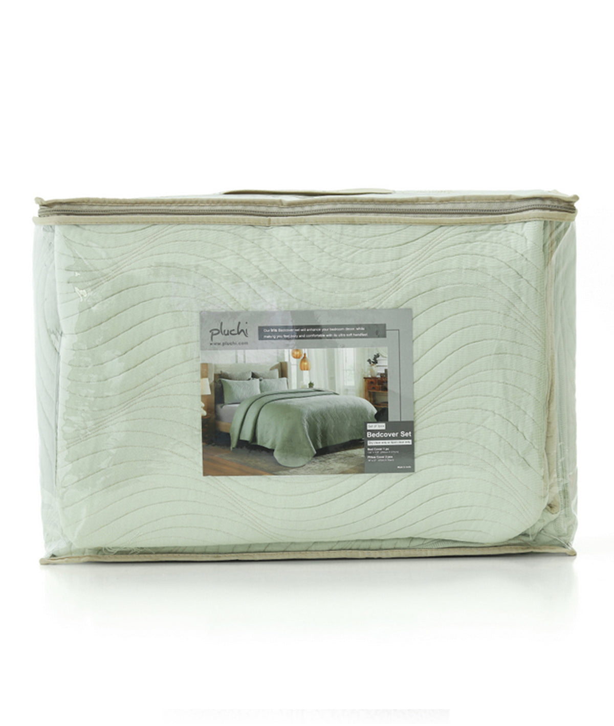 Iris Mint Cream & Silver Birch 100% Cotton Knitted With Polyester Filled King Size Bed Cover With 2 Pillow Covers (Set of 3 Pcs)