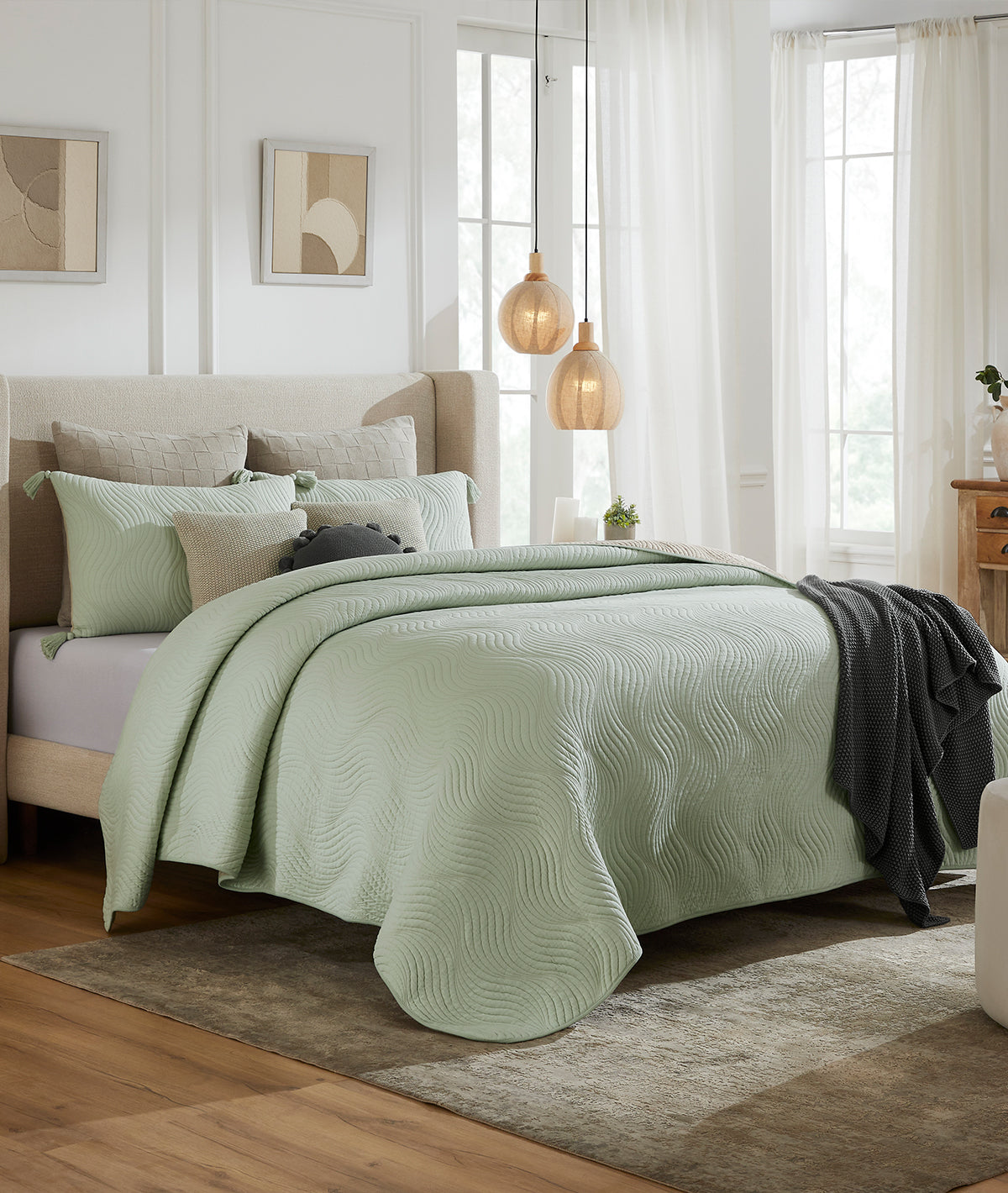 Iris Mint Cream & Silver Birch 100% Cotton Knitted With Polyester Filled King Size Bed Cover With 2 Pillow Covers (Set of 3 Pcs)