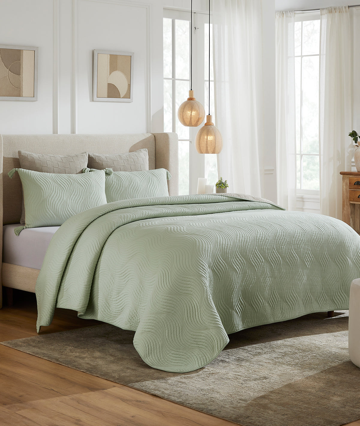 Iris Mint Cream & Silver Birch 100% Cotton Knitted With Polyester Filled King Size Bed Cover With 2 Pillow Covers (Set of 3 Pcs)