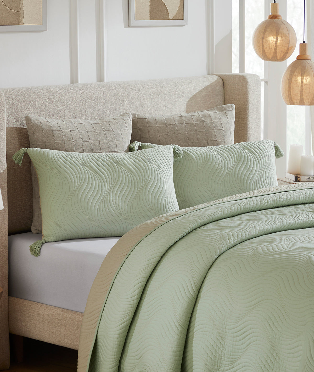 Iris Mint Cream & Silver Birch 100% Cotton Knitted With Polyester Filled King Size Bed Cover With 2 Pillow Covers (Set of 3 Pcs)