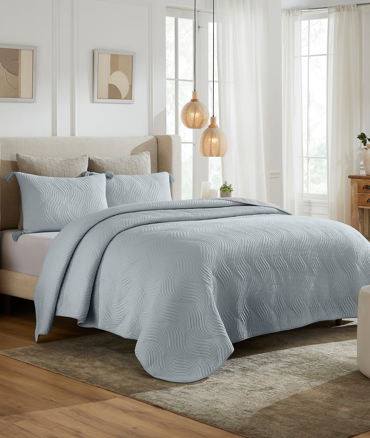 Iris Alice Blue & Soft Grey 100% Cotton Knitted With Polyester Filled King Size Bed Cover With 2 Pillow Covers (Set of 3 Pcs)