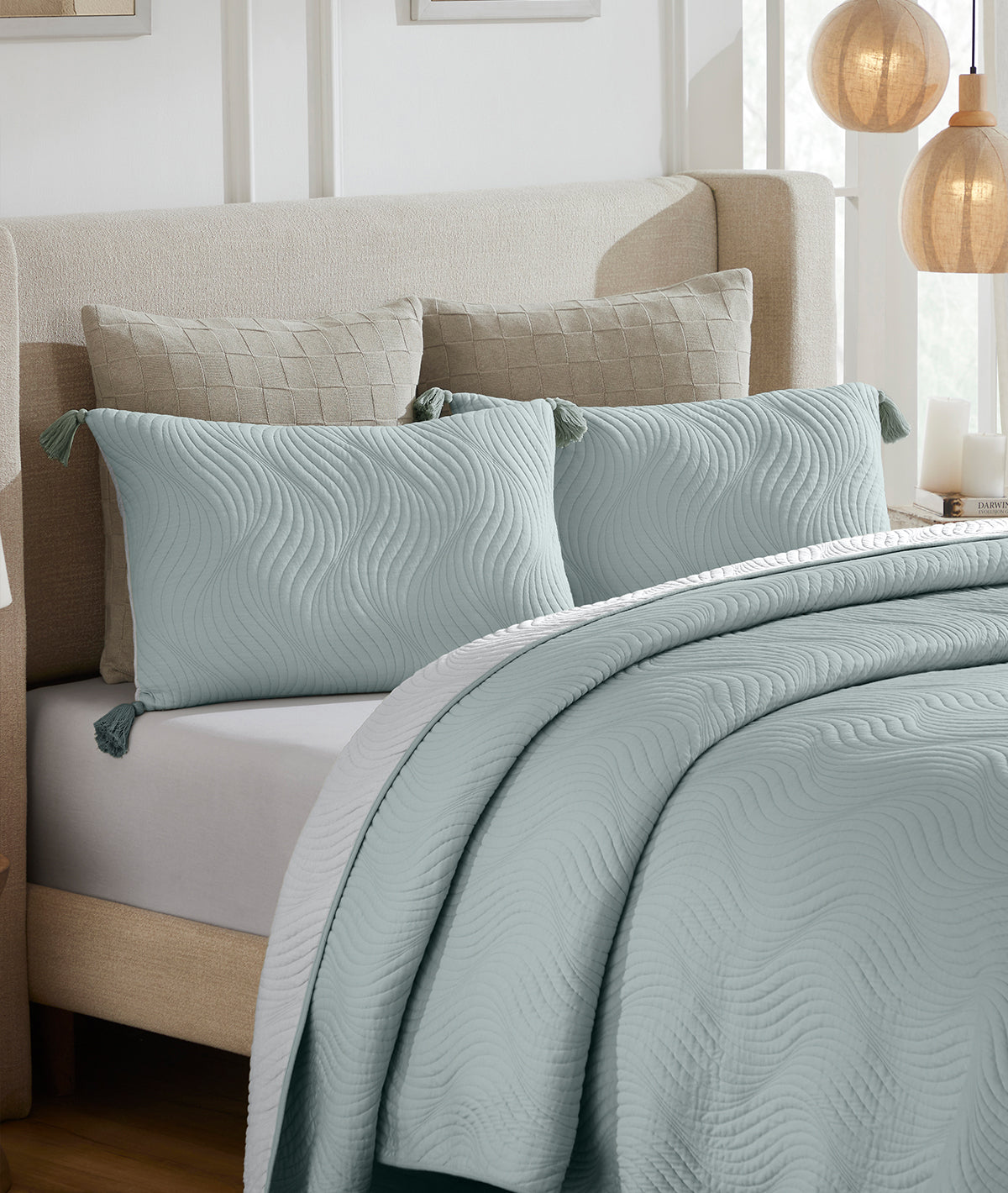 Iris Alice Blue & Soft Grey 100% Cotton Knitted With Polyester Filled King Size Bed Cover With 2 Pillow Covers (Set of 3 Pcs)
