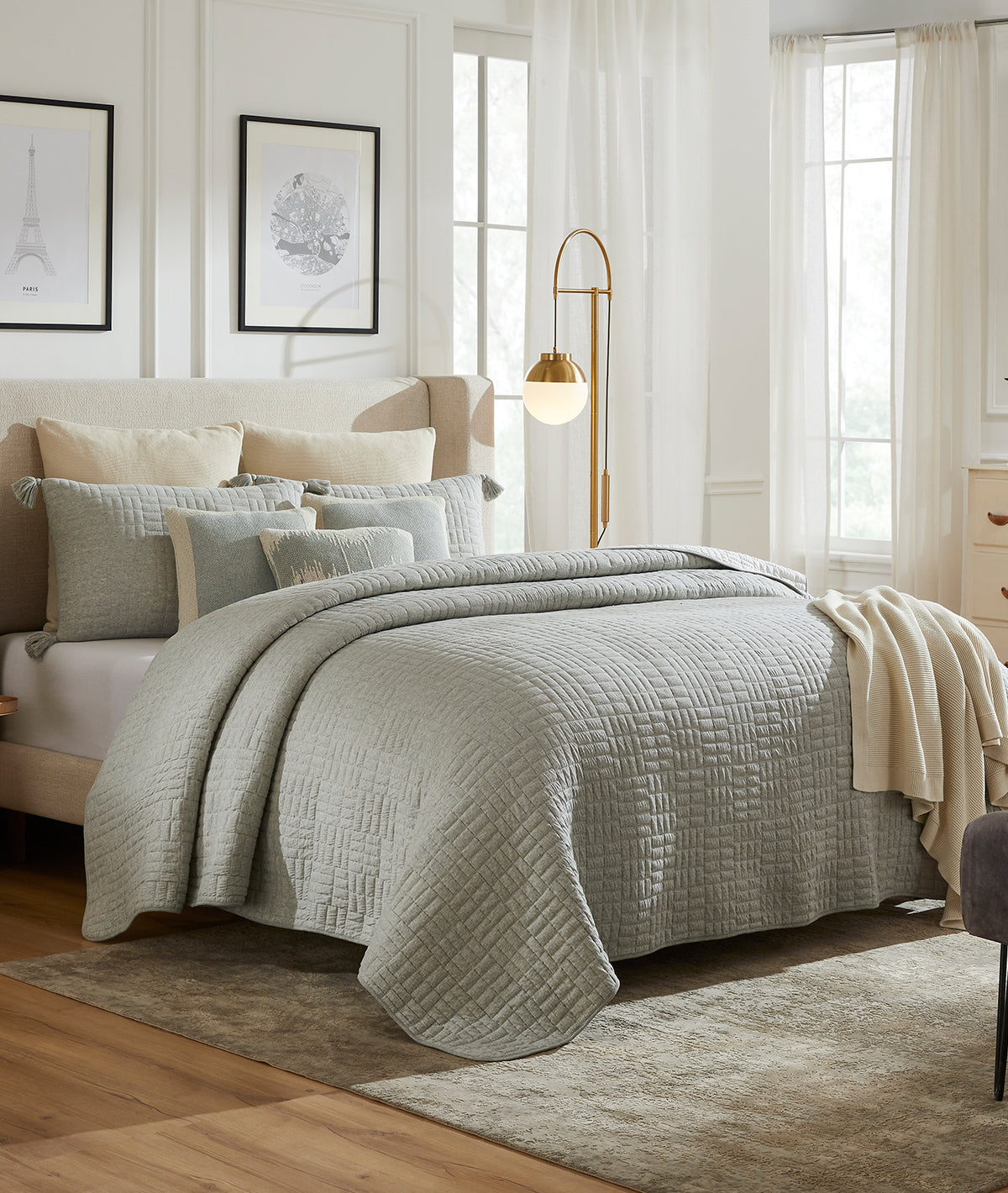Jamie Vanilla Grey Melange & Ivory 100% Cotton Knitted With Polyester Filled King Size Bed Cover With 2 Pillow Covers (Set of 3Pcs)