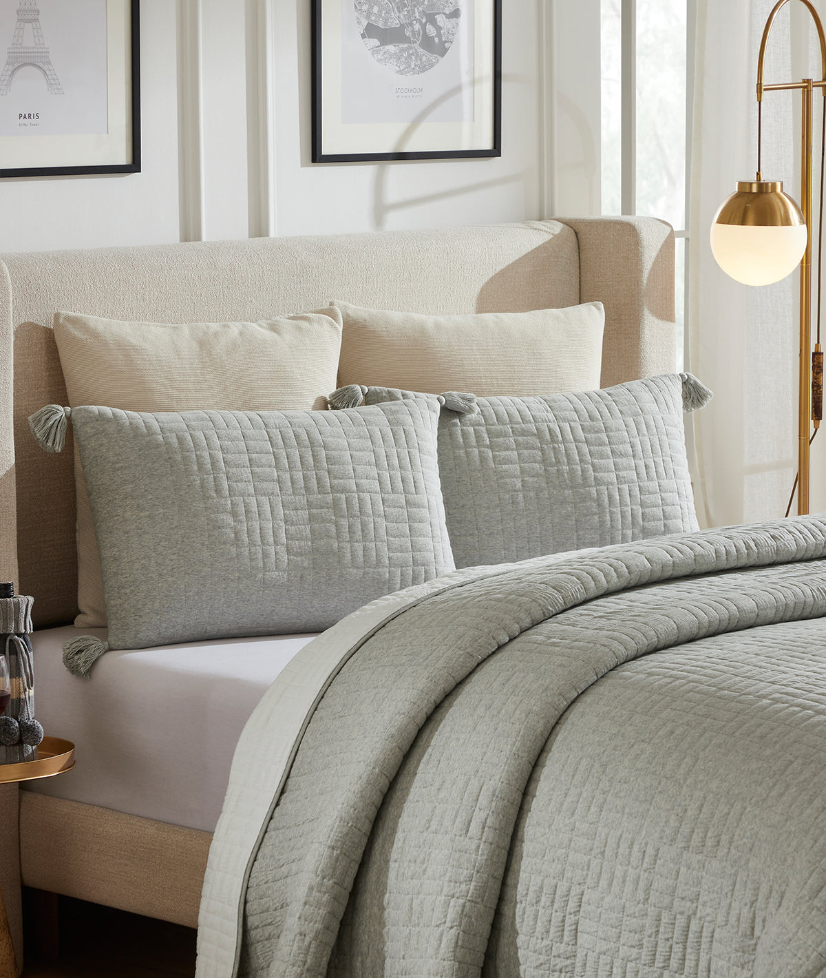 Jamie Vanilla Grey Melange & Ivory 100% Cotton Knitted With Polyester Filled King Size Bed Cover With 2 Pillow Covers (Set of 3Pcs)