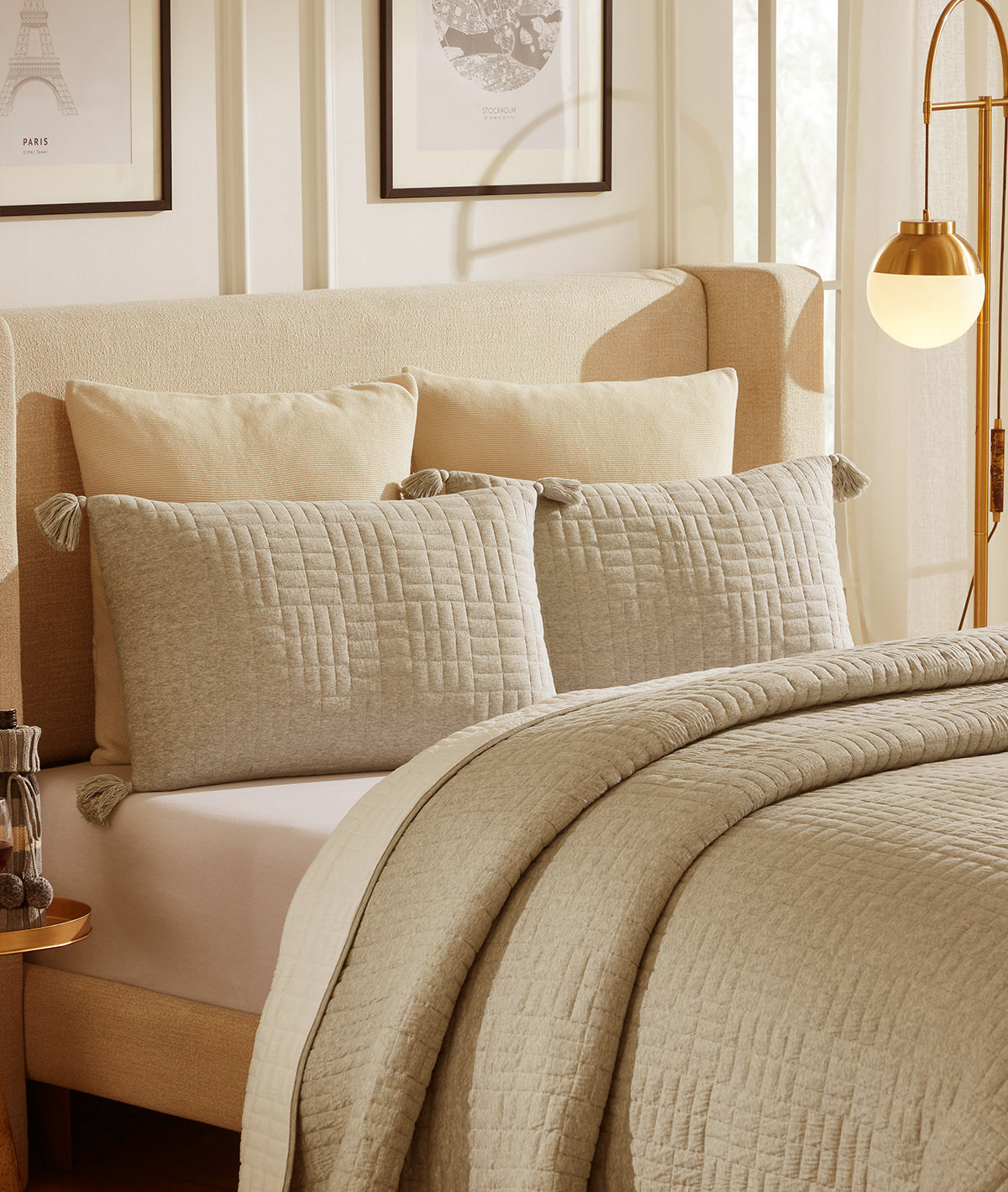 Jamie Beige Melange with Natural dyed 100% Cotton Knitted With Polyester Filled King Size Bed Cover With 2 Pillow Covers (Set of 3Pcs)