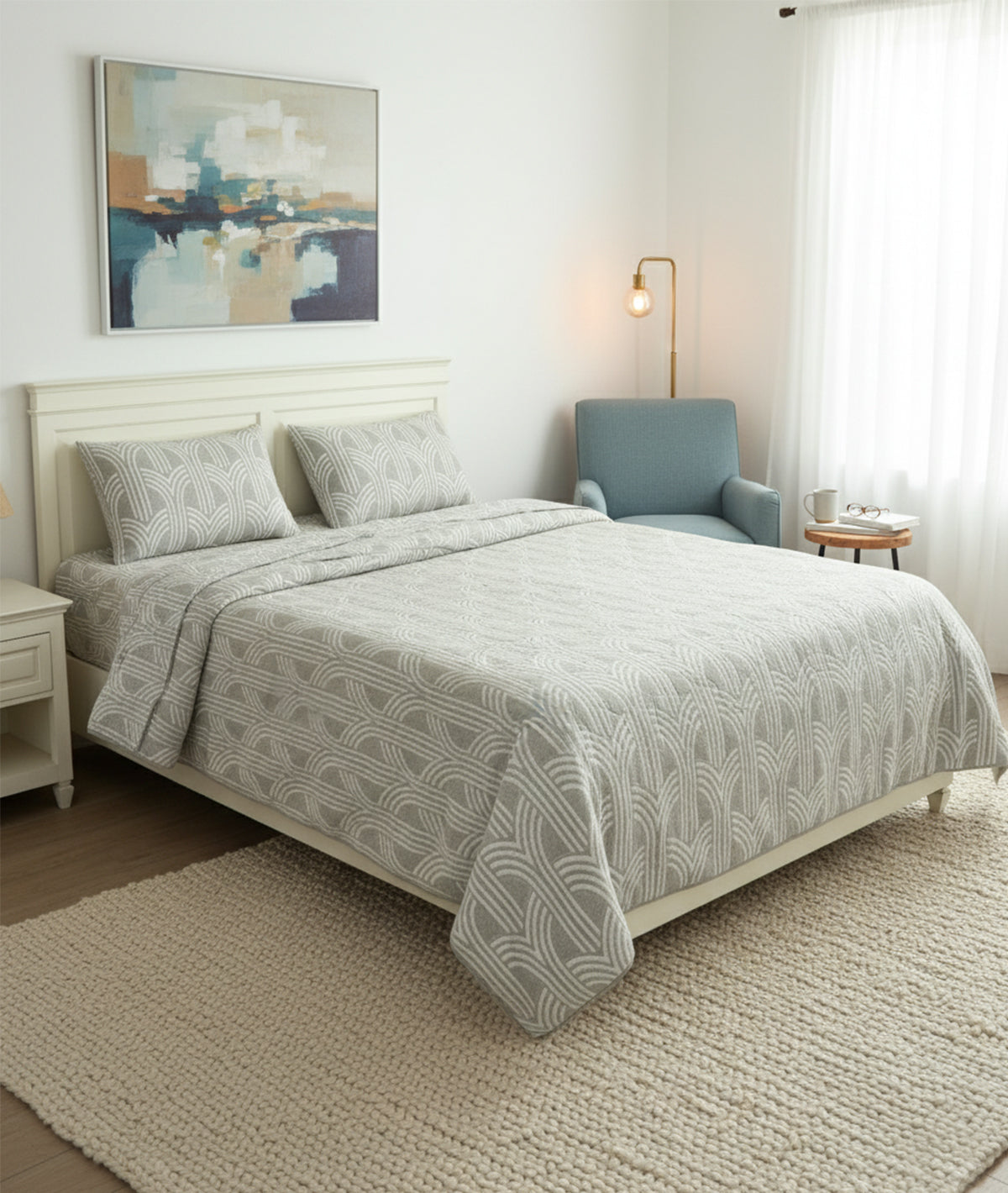 Jaya Vanila Grey Melange & Natural 100% Cotton Knitted With Polyester Filled King Size Bed Cover With 2 Pillow Covers (Set of 3Pcs)