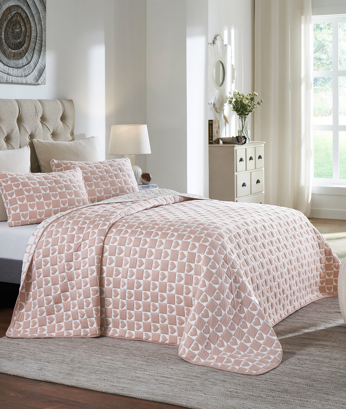 Little Hearts Light Pink 100% Cotton Knitted With Polyester Filled King Size Bed Cover With 2 Pillow Covers (Set of 3 Pcs)